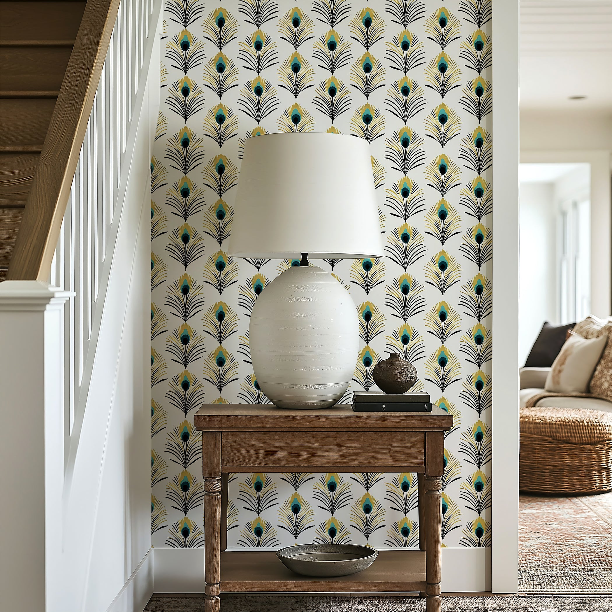 Opulent Feathers wallpaper with peacock feathers in teal and gold, complementing a stylish lamp and decor.