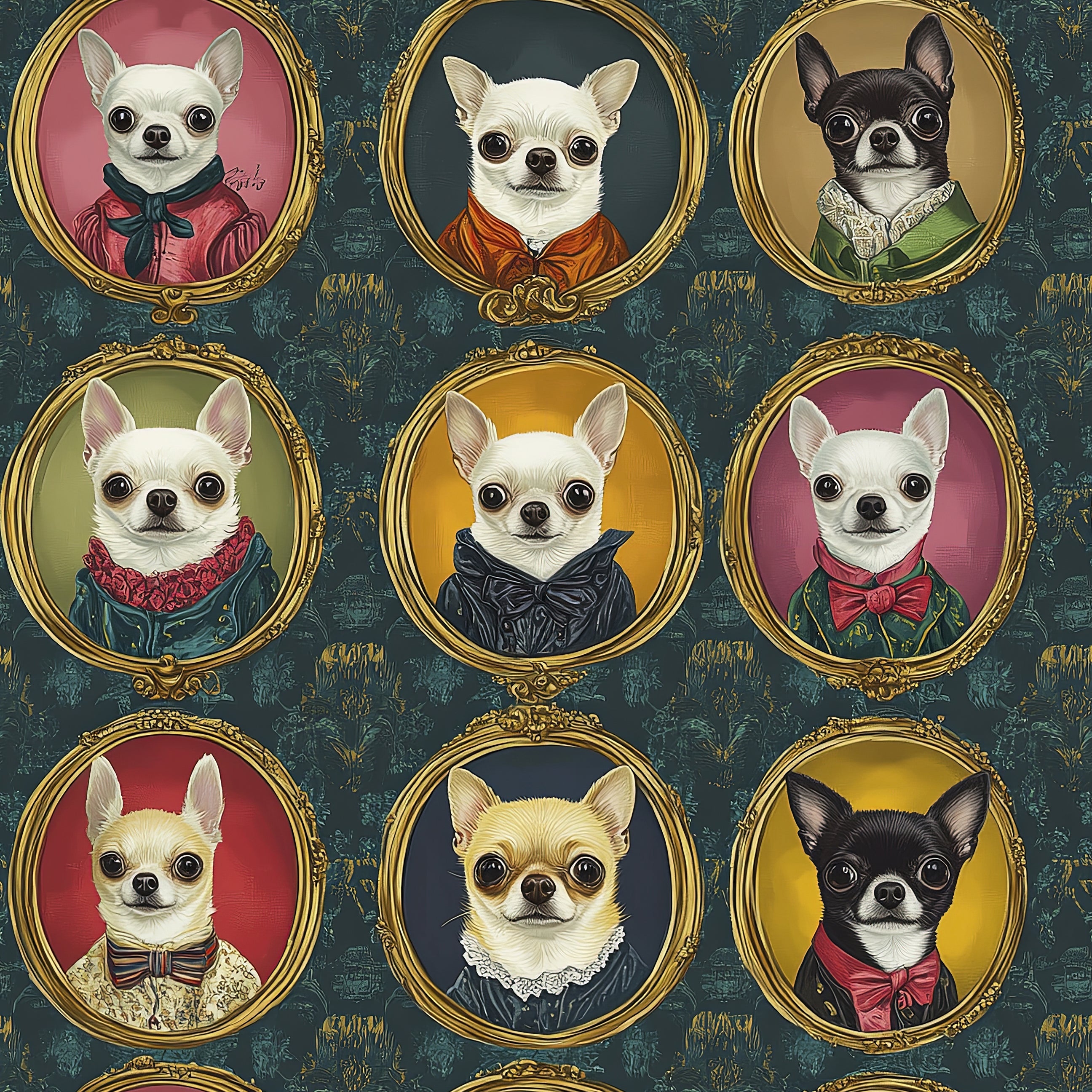 Wall wallpaper featuring Chihuahuas in Victorian attire within ornate frames, perfect for pet lovers and modern design.
