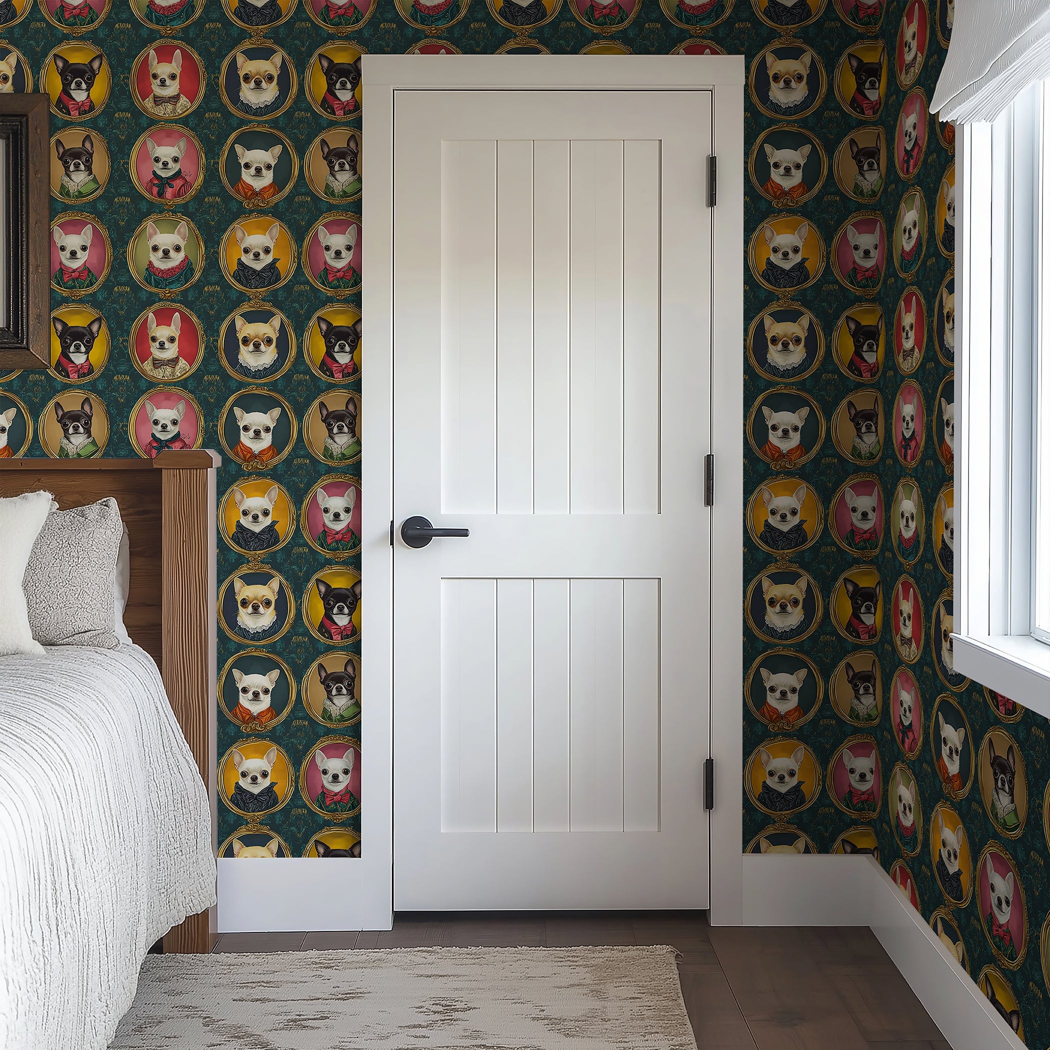 Victorian-style wallpaper featuring colorful Chihuahuas in ornate frames, perfect for pet lovers' rooms.