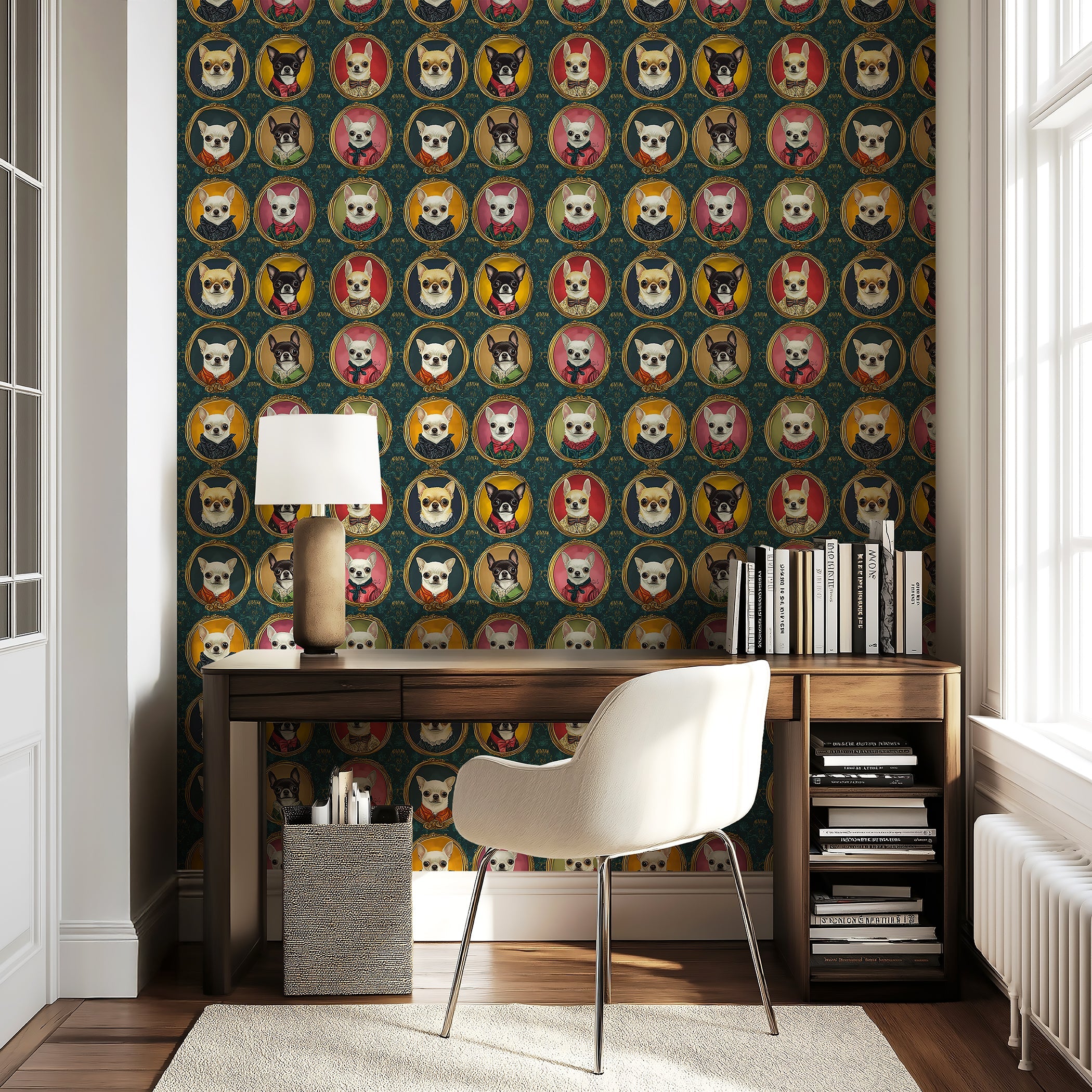 Chihuahuas and dogs in colorful portraits on wallpaper, perfect for pet lovers' modern interiors.