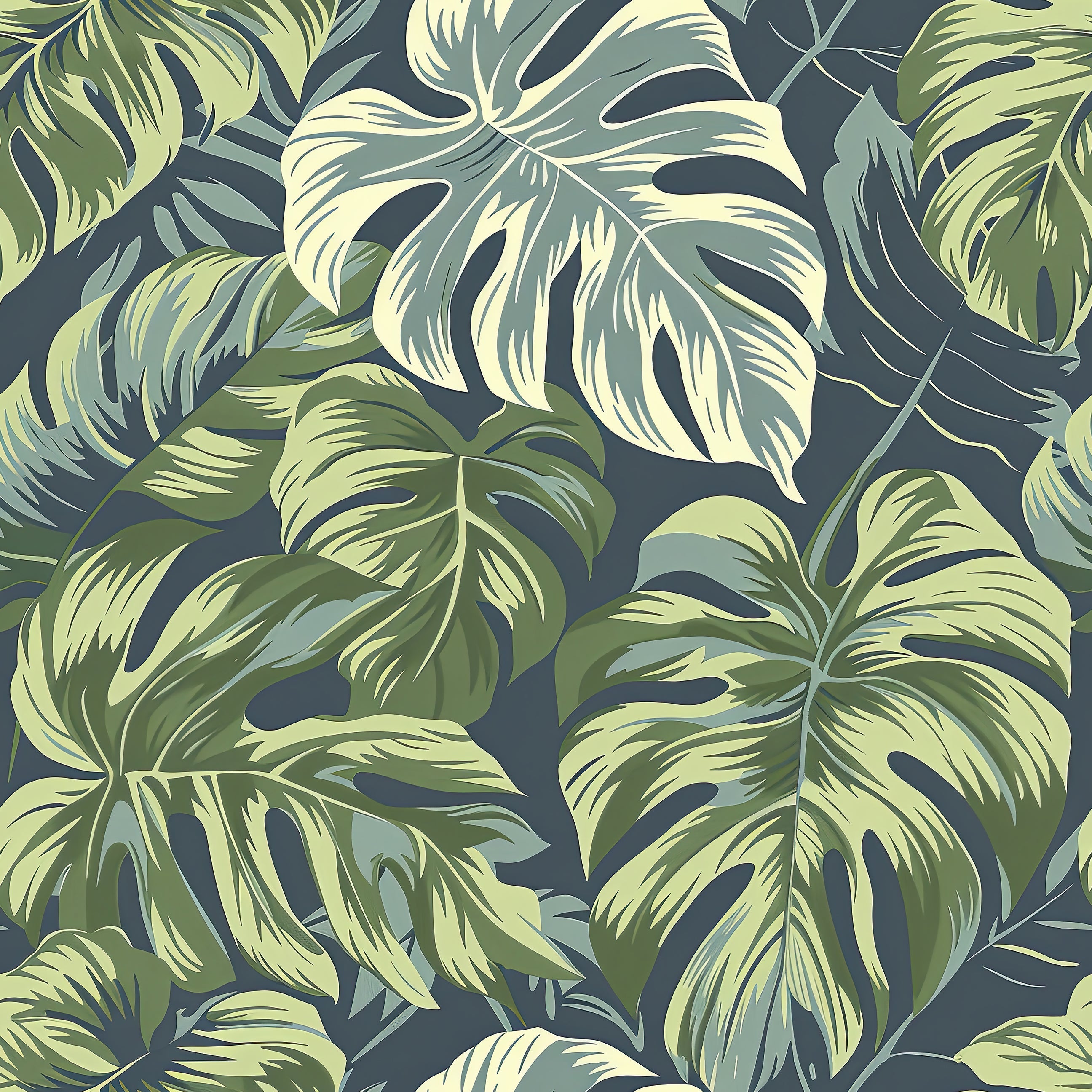 Tropical Canopy wallpaper featuring lush monstera leaves in rich greens, ideal for coastal-themed interiors.