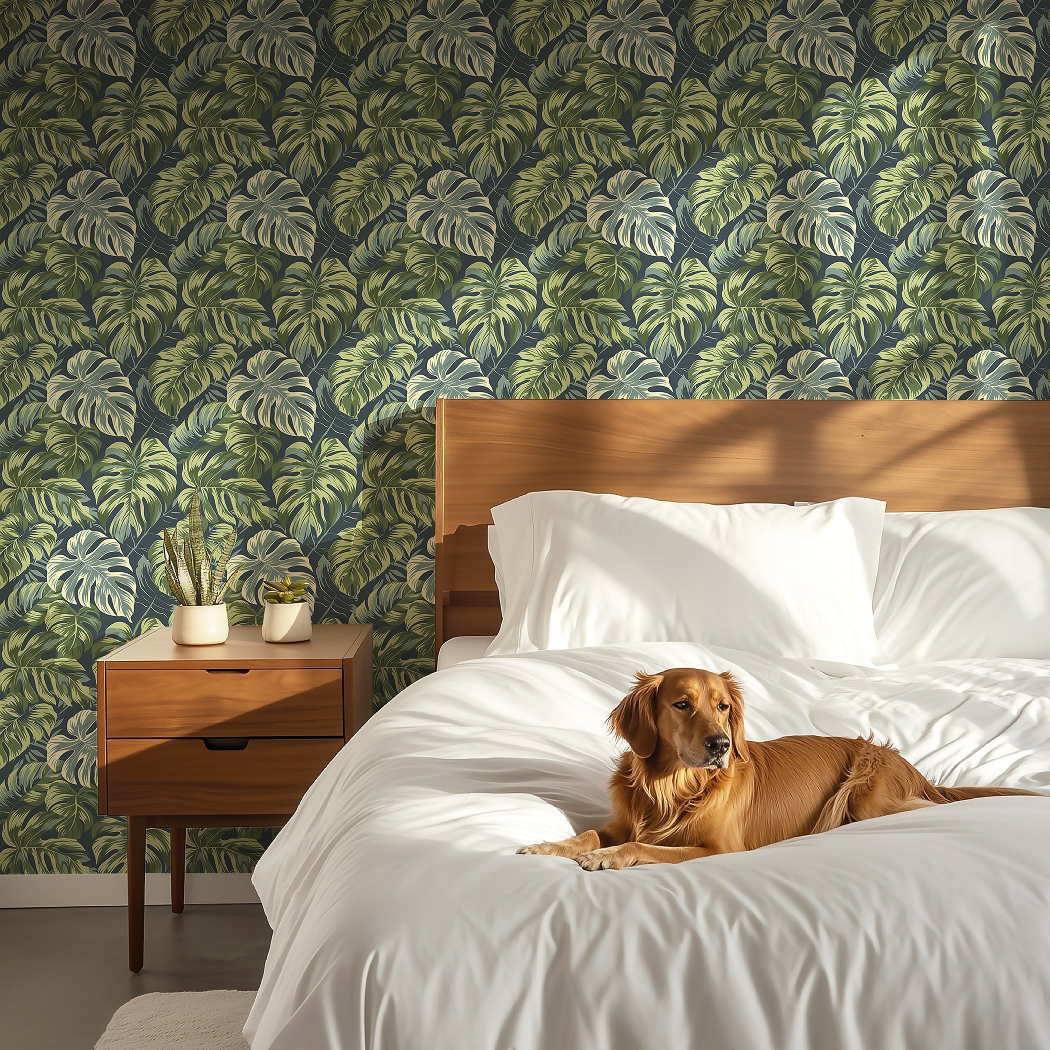 Tropical Canopy wallpaper featuring lush monstera leaves in a cozy bedroom with a golden retriever.