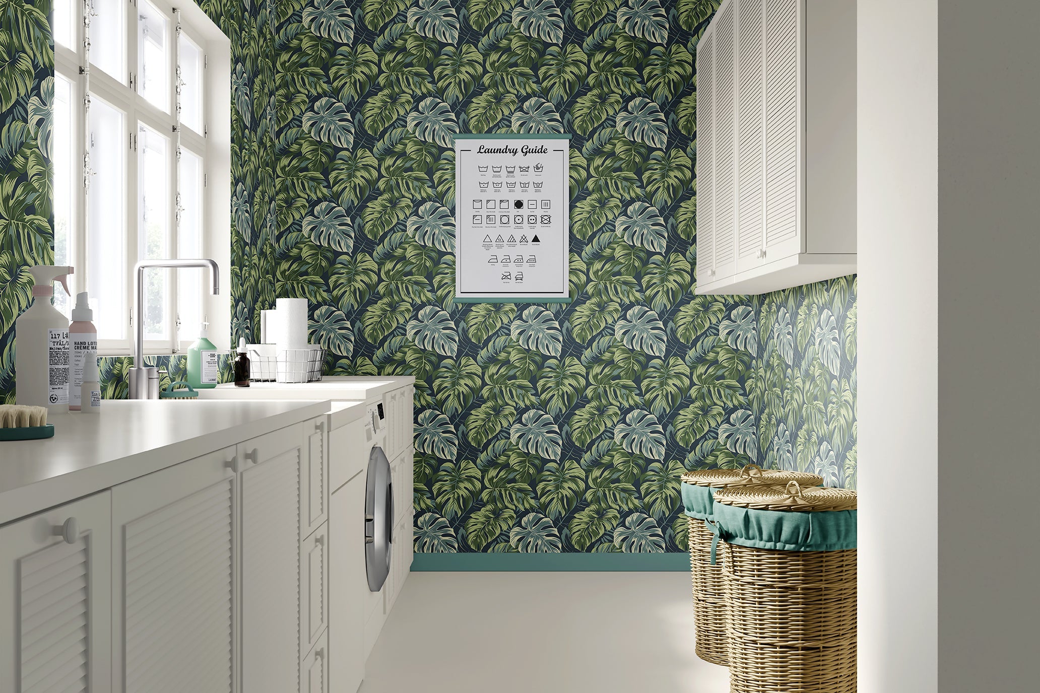 Tropical Canopy wallpaper featuring lush monstera leaves, perfect for coastal decorating in kitchens and laundry rooms.