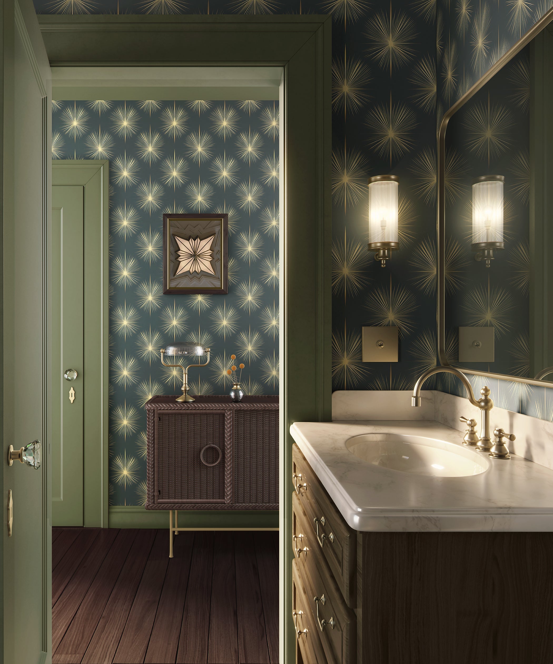 Elegant bathroom featuring Champagne Starburst wallpaper in deep blue with gold starburst design, showcasing mid-century modern style.