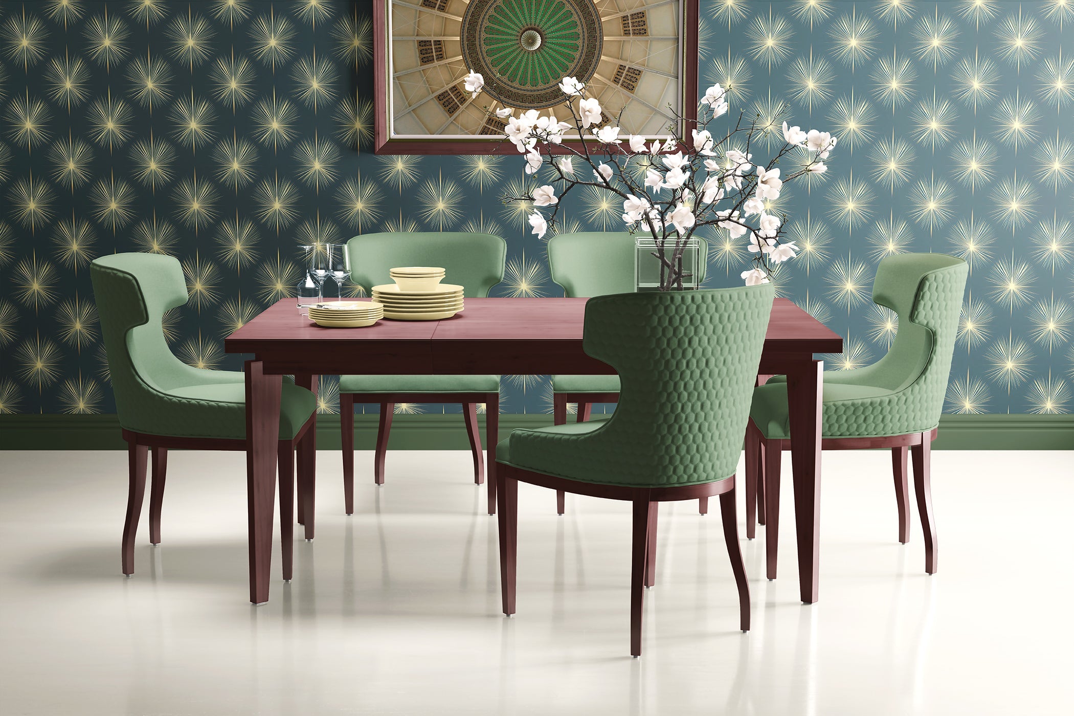 Elegant dining area featuring Champagne Starburst wallpaper, mid-century modern chairs, and polished table design.