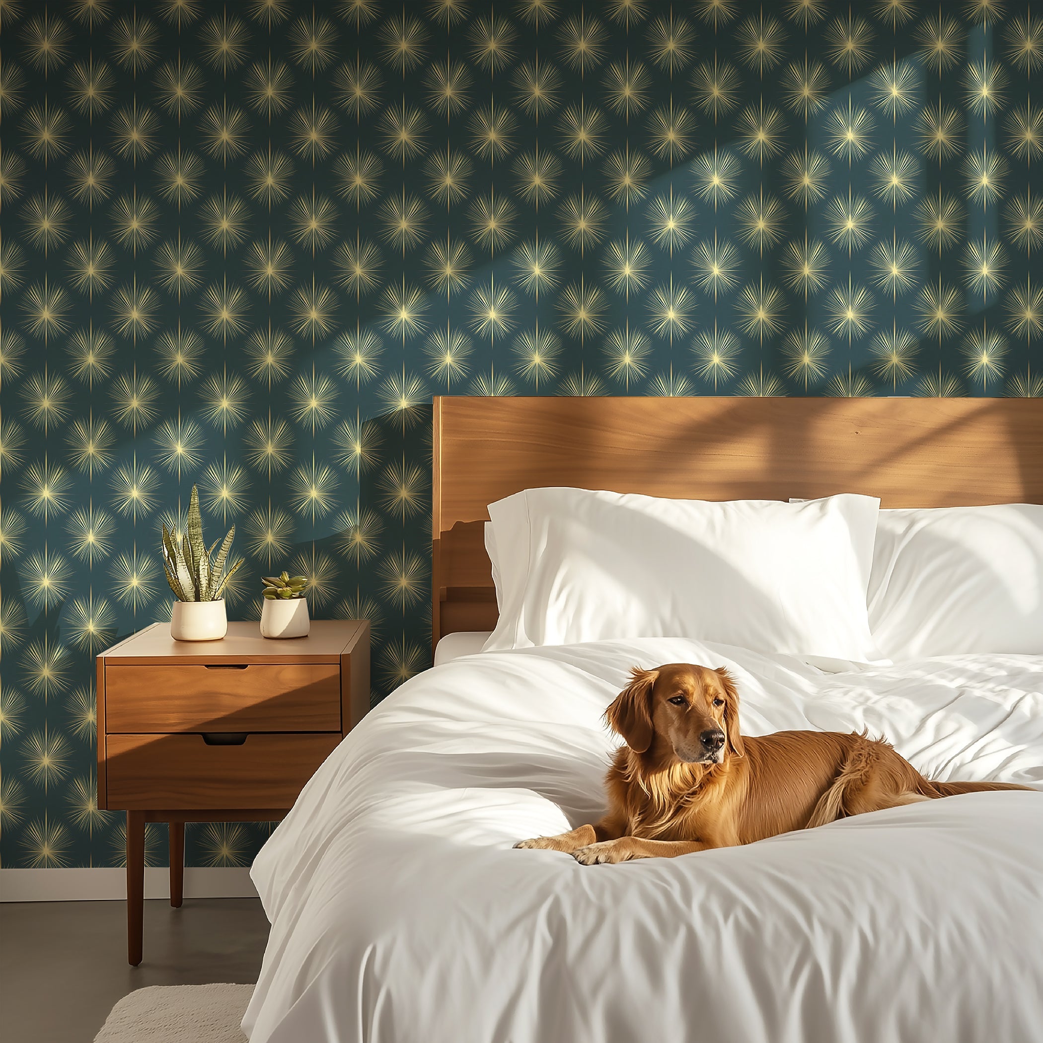 Elegant bedroom featuring Champagne Starburst wallpaper with gold starburst designs on a deep blue background.