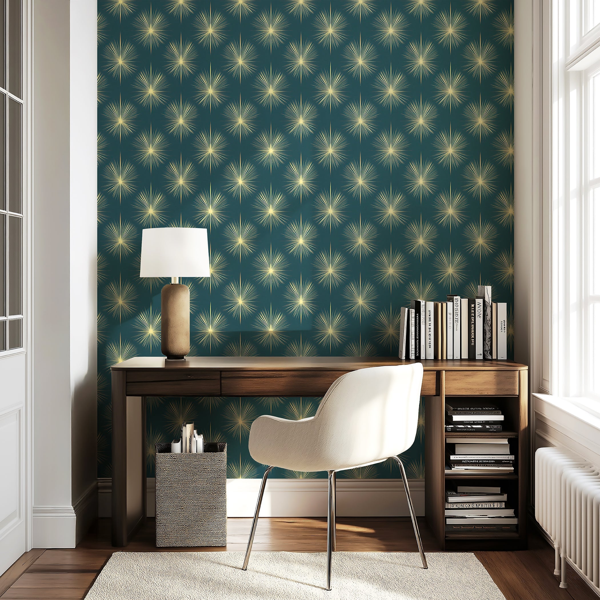 Elegant Champagne Starburst Wallpaper in deep blue with golden starburst designs, perfect for mid-century modern decor.