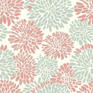 Dahlia Dance wallpaper featuring modern coral and mint green floral design, perfect for contemporary decor.