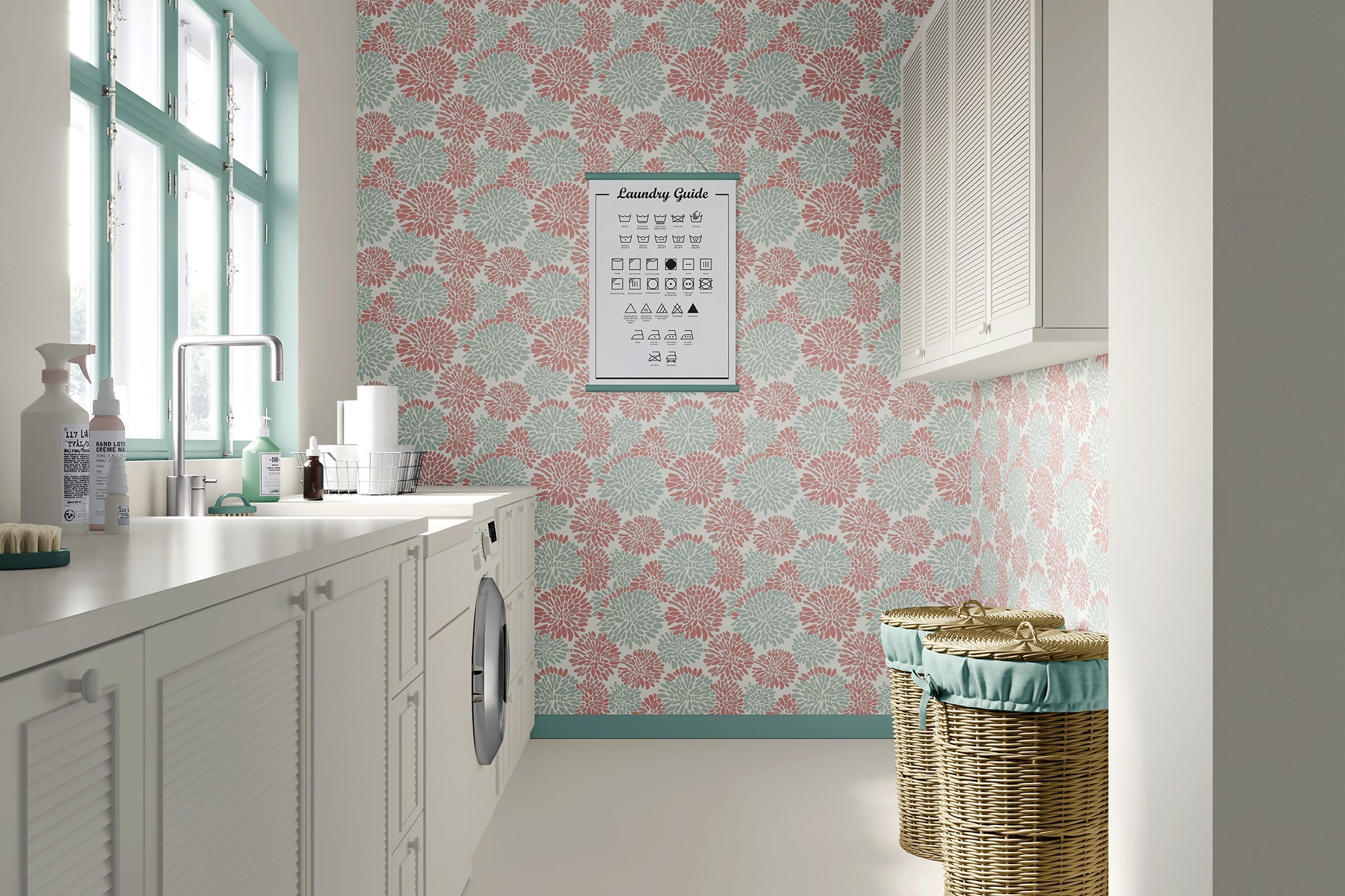 Modern Dahlia Dance wallpaper in coral and mint green, adding playful energy to a laundry room.