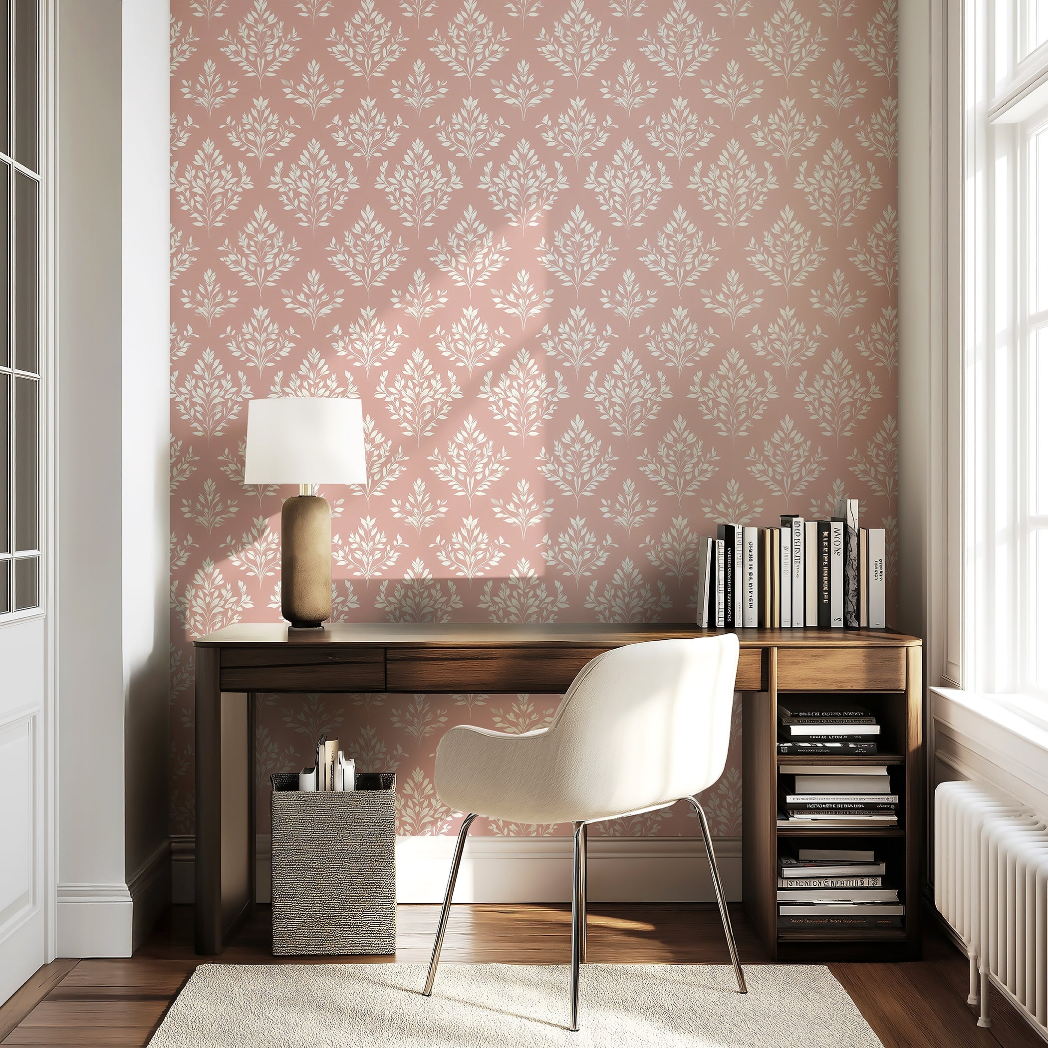 Timeless Pink Flora wallpaper featuring floral laurel wreaths in a serene home office setting.
