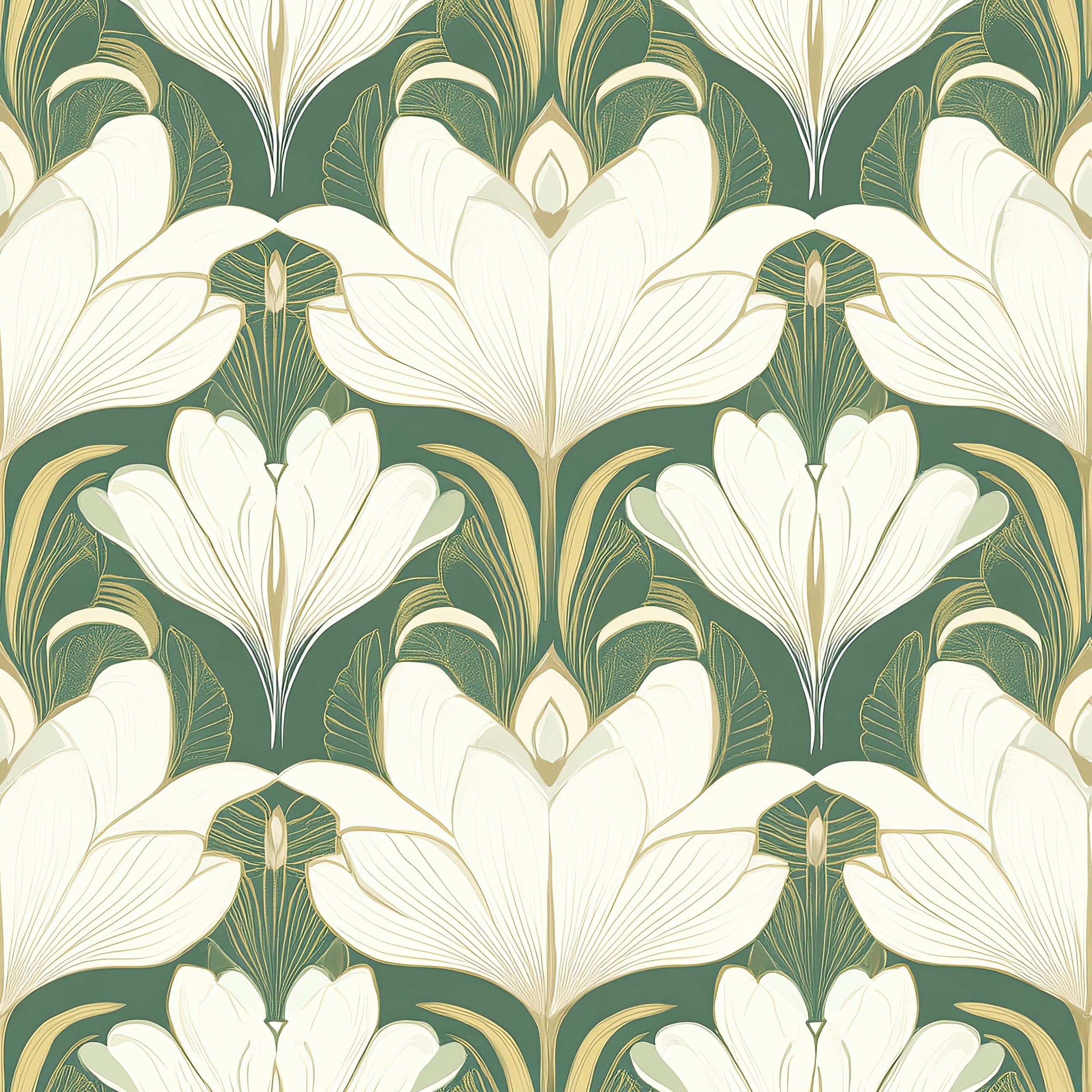 Vintage Glamour Garden wallpaper featuring ivory flowers and golden accents on a deep green backdrop, Art Deco style.