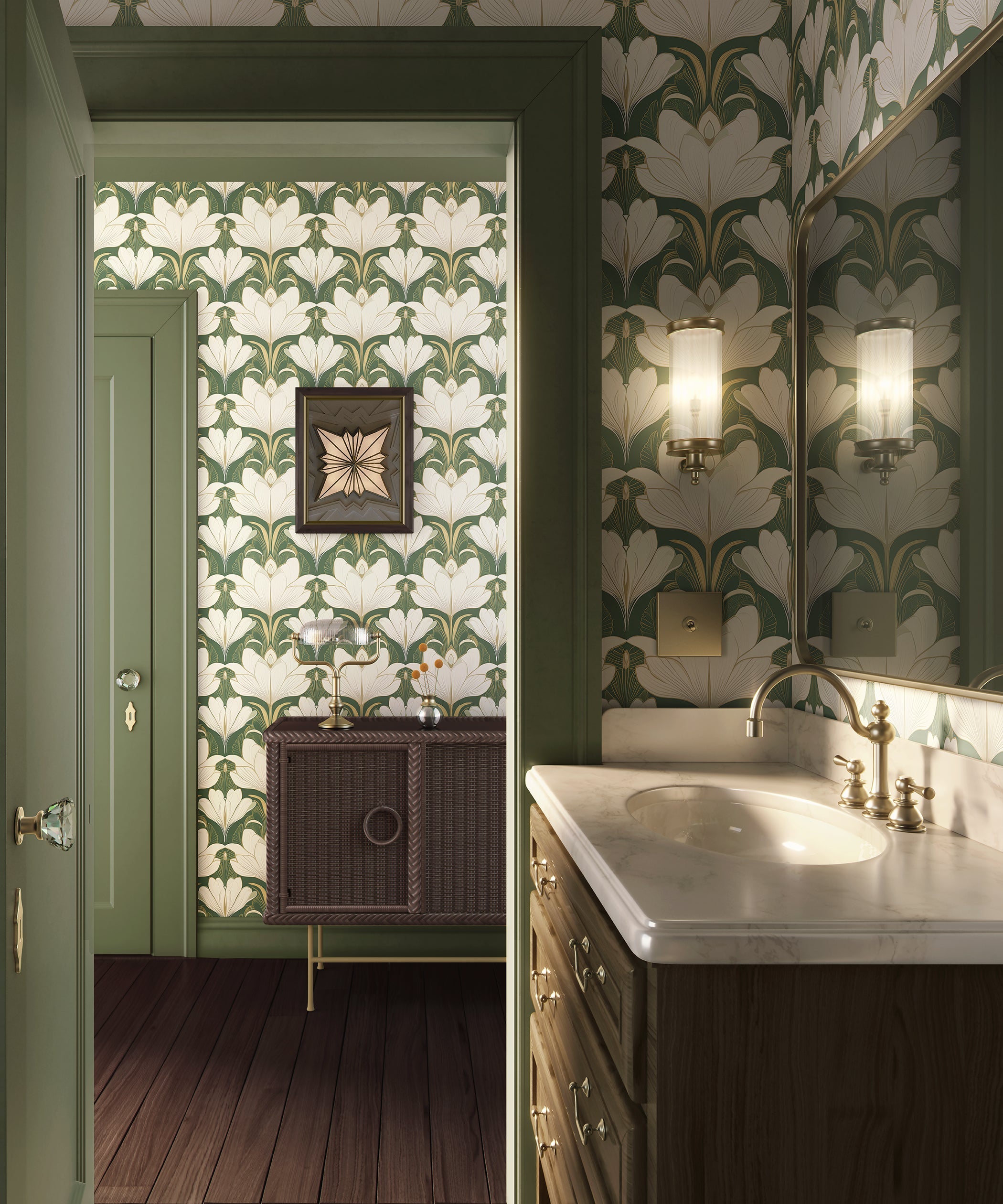 Vintage Glamour Garden wallpaper featuring ivory flowers and Art Deco design in a green bathroom setting.