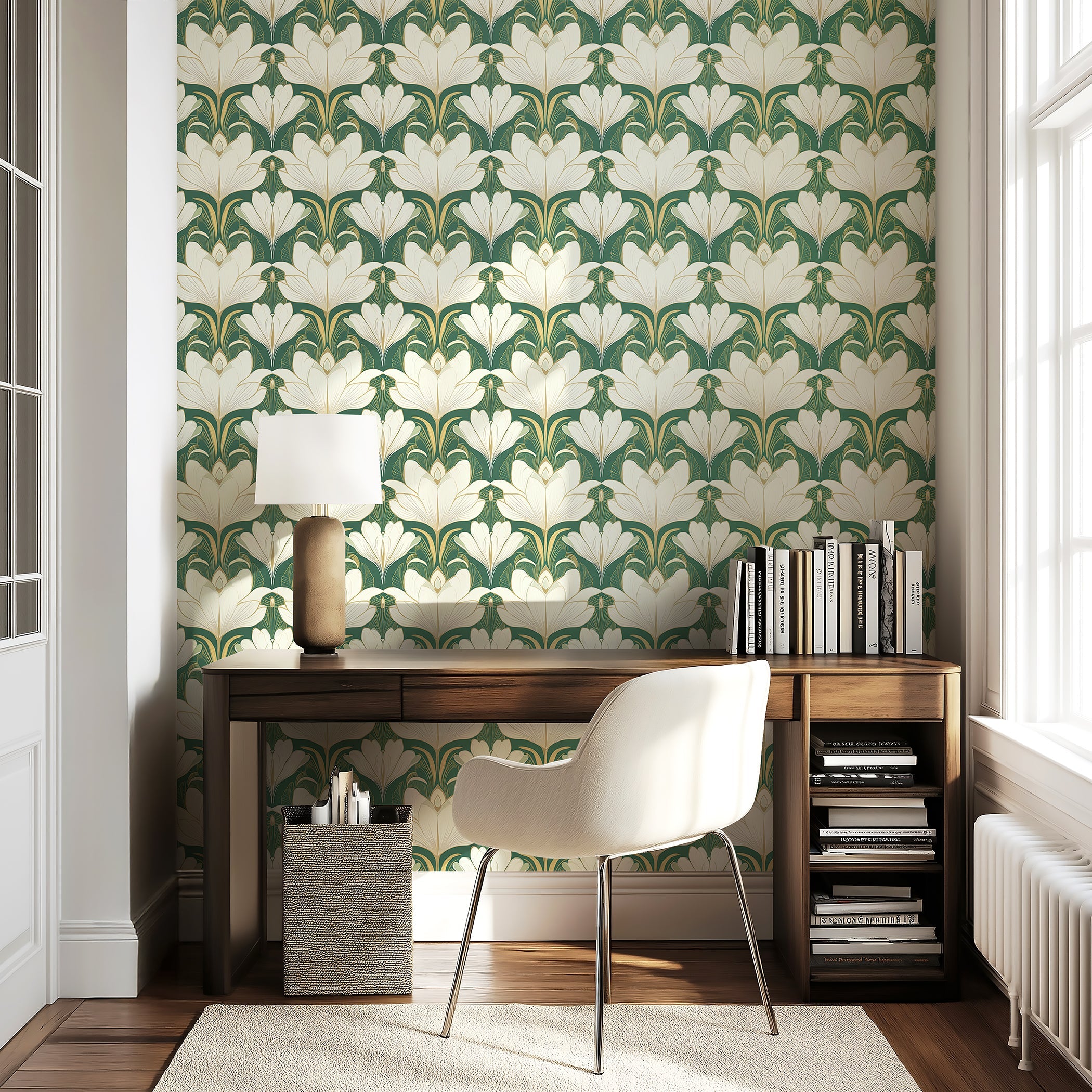 Vintage Glamour Garden wallpaper featuring ivory flowers and green backdrop, bringing Art Deco elegance to home decor.