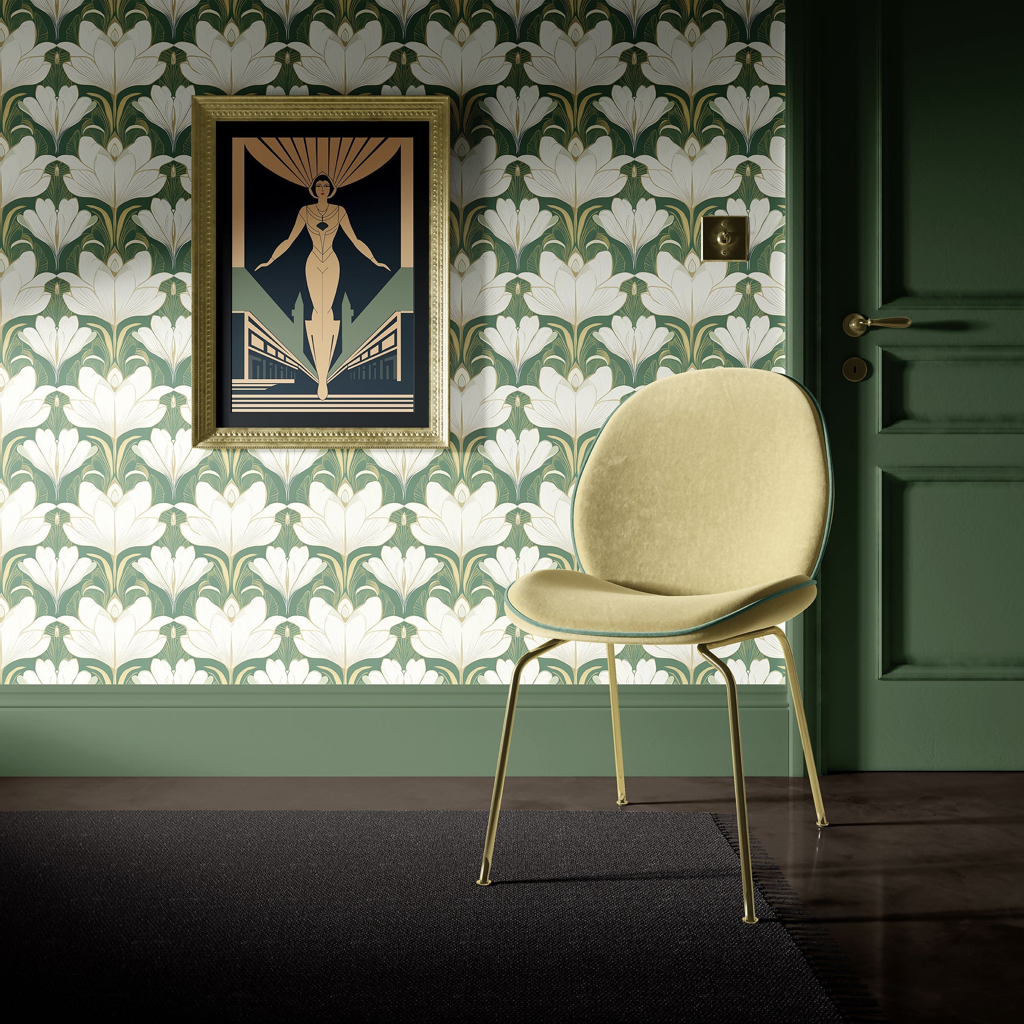 Stylish interior featuring Vintage Glamour Garden wallpaper with elegant ivory flowers and art deco decor.