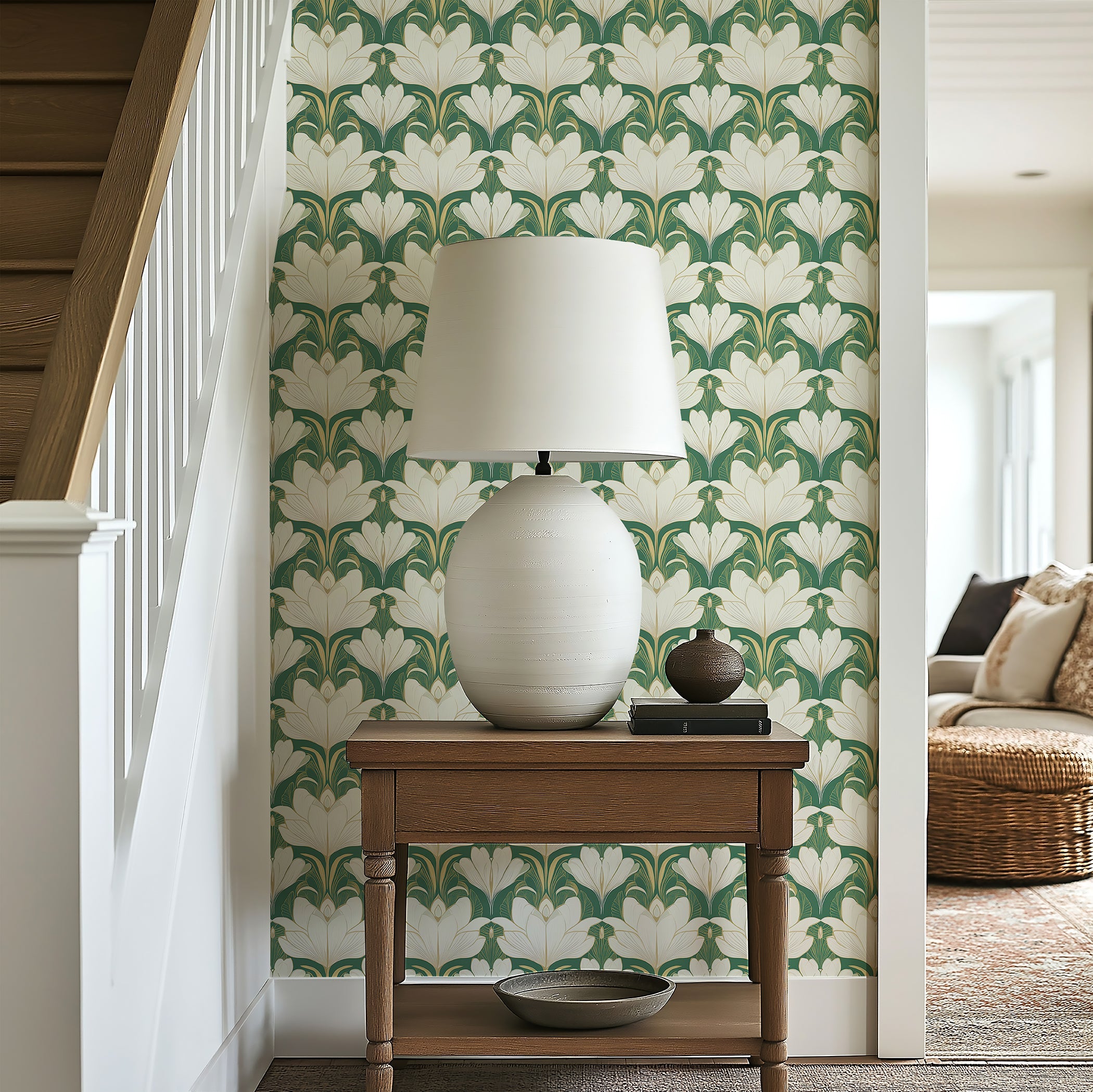 Vintage Glamour Garden wallpaper with ivory flowers on a green backdrop, art deco style in a stylish home setting.