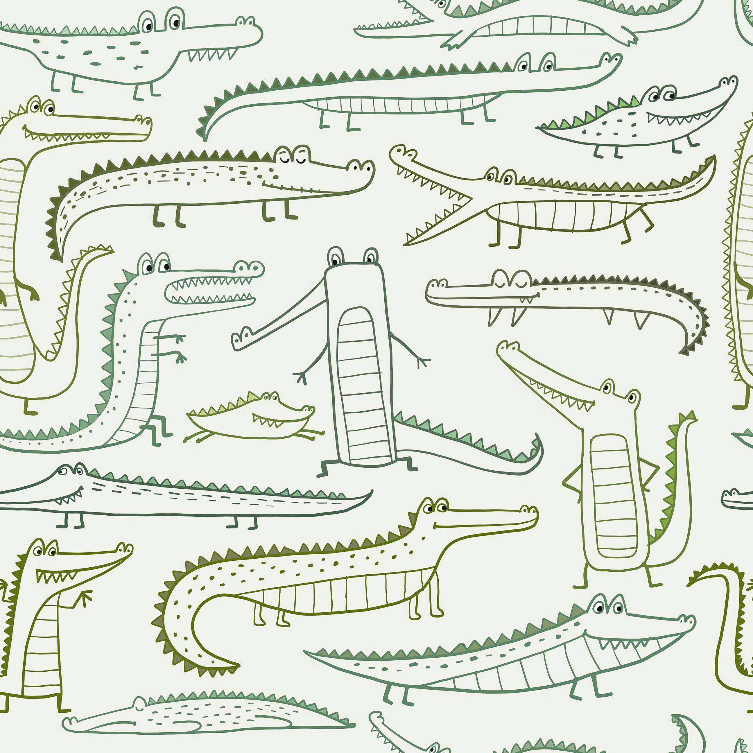Whimsical crocodile playground wallpaper with hand-drawn green crocodiles, perfect for children's nurseries and playrooms.