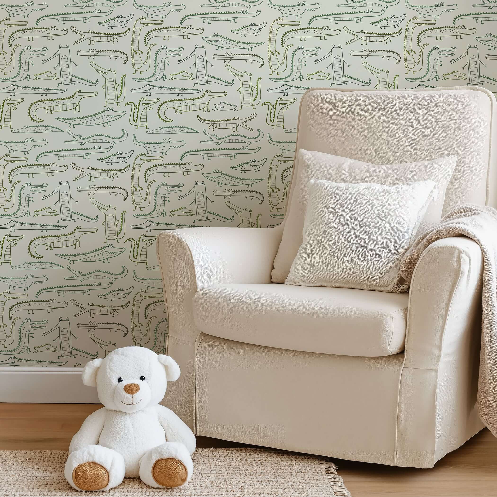 Crocodile Playground Wallpaper in nursery setting with soft green hand-drawn crocodile illustrations, perfect for children’s playrooms.