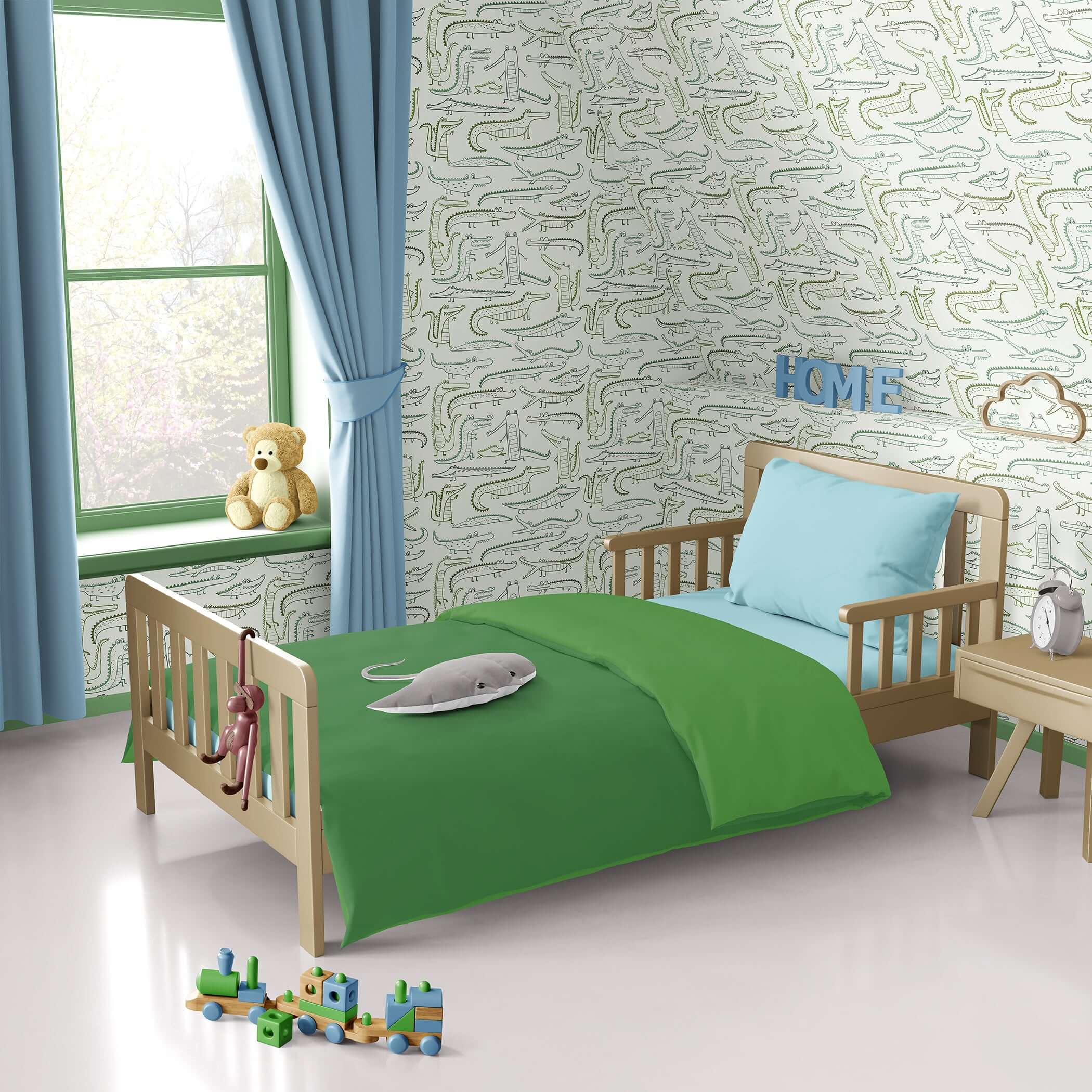 Crocodile Playground Wallpaper in a nursery with toy blocks, bed, and blue curtains; perfect for a children's playroom or baby nursery.