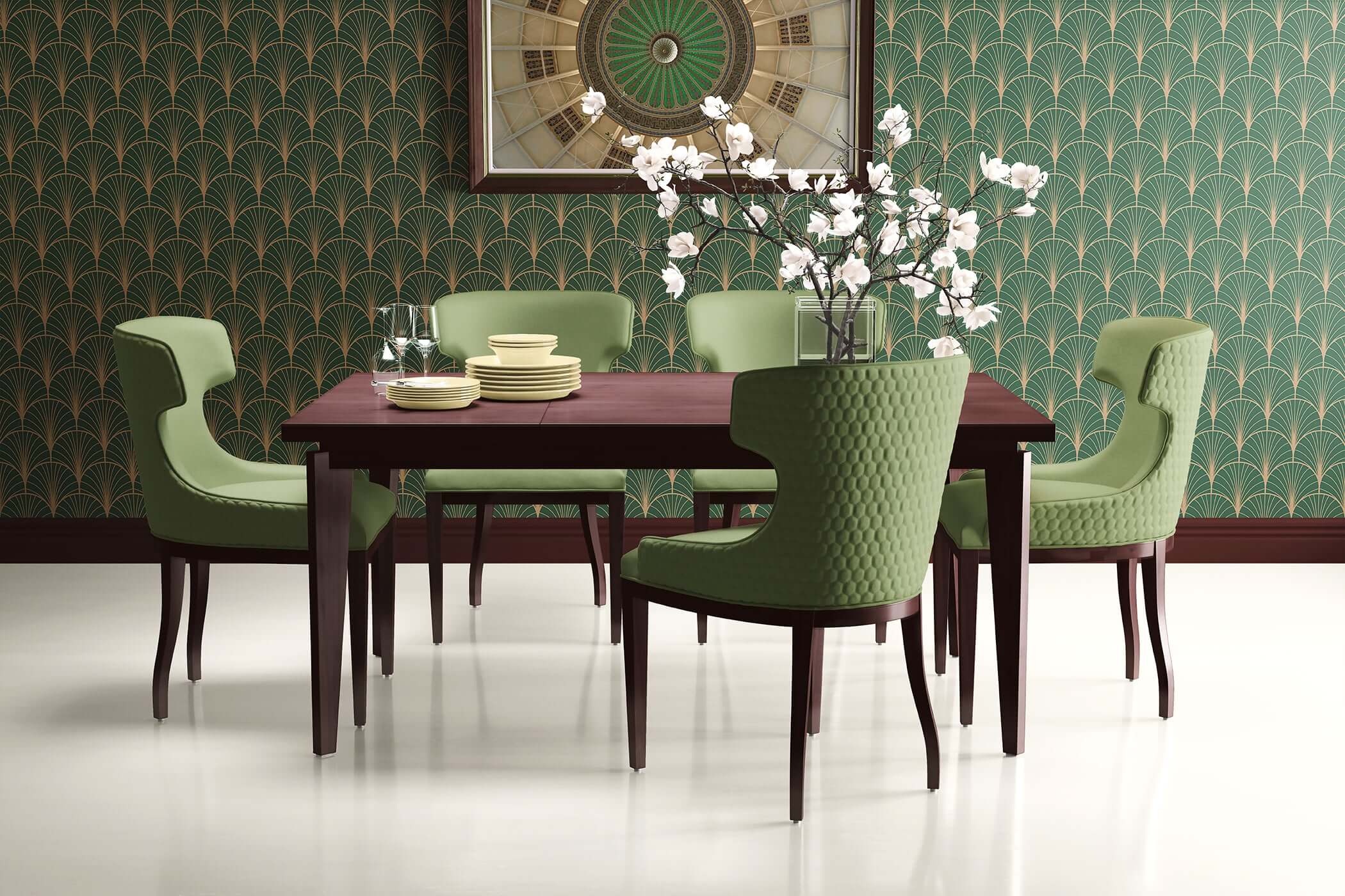 Art Deco dining room with Manhattan Nights geometric wallpaper in emerald green and gold, featuring elegant chairs and table.