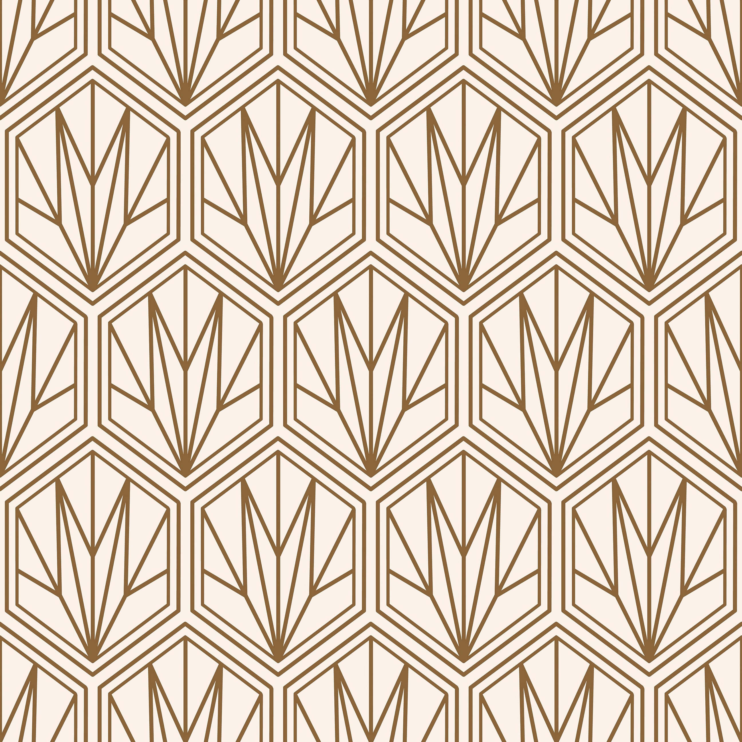 Art Deco geometric wallpaper with bronze hexagonal pattern on cream background, perfect for adding 1920s elegance to any space.