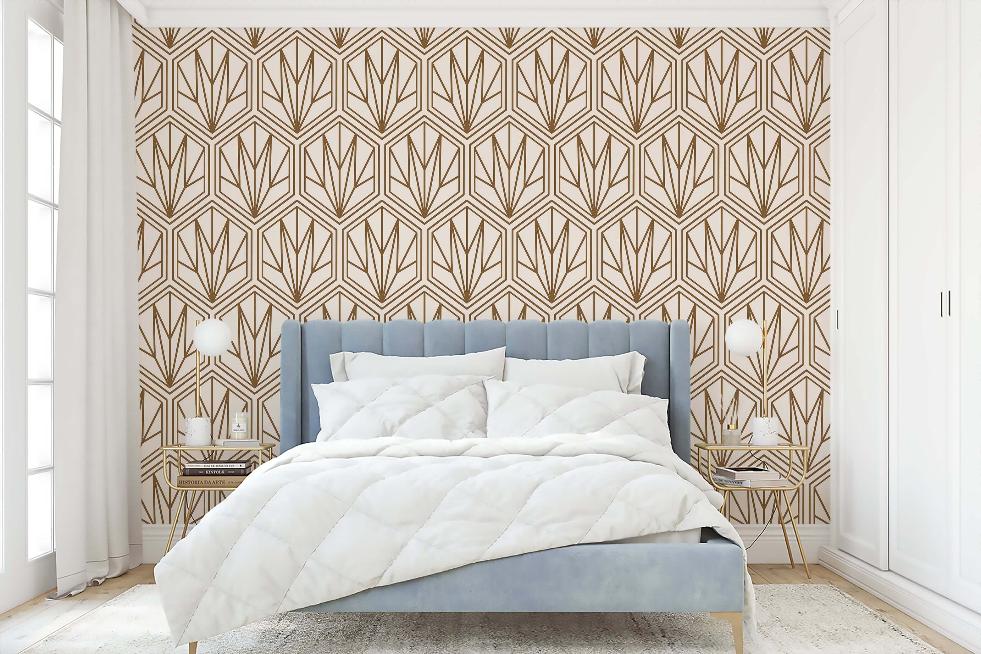 Art Deco bronzed geometric wallpaper in a stylish bedroom setting, showcasing a 1920s-inspired design with hexagonal patterns.