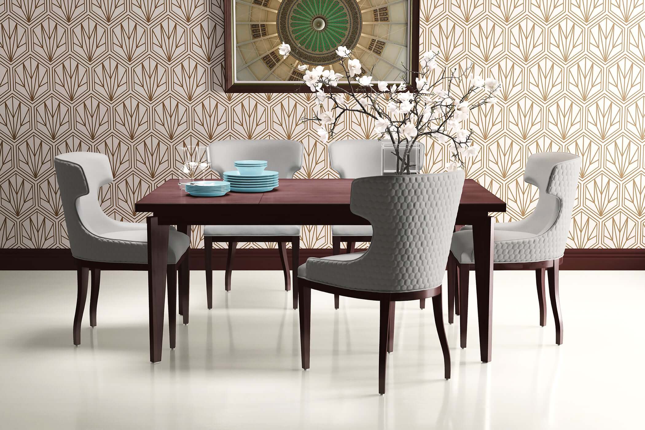 Dining area with art deco geometric wallpaper, featuring a wooden table, modern chairs, and decorative wall art, enhancing room elegance.