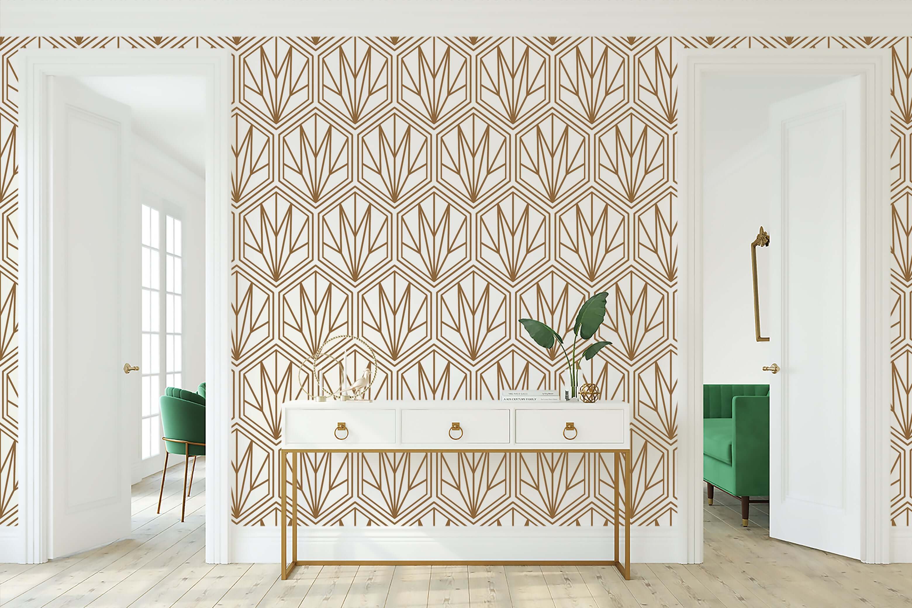 Art Deco geometric wallpaper with bronze hexagonal patterns on cream background in elegant modern room.