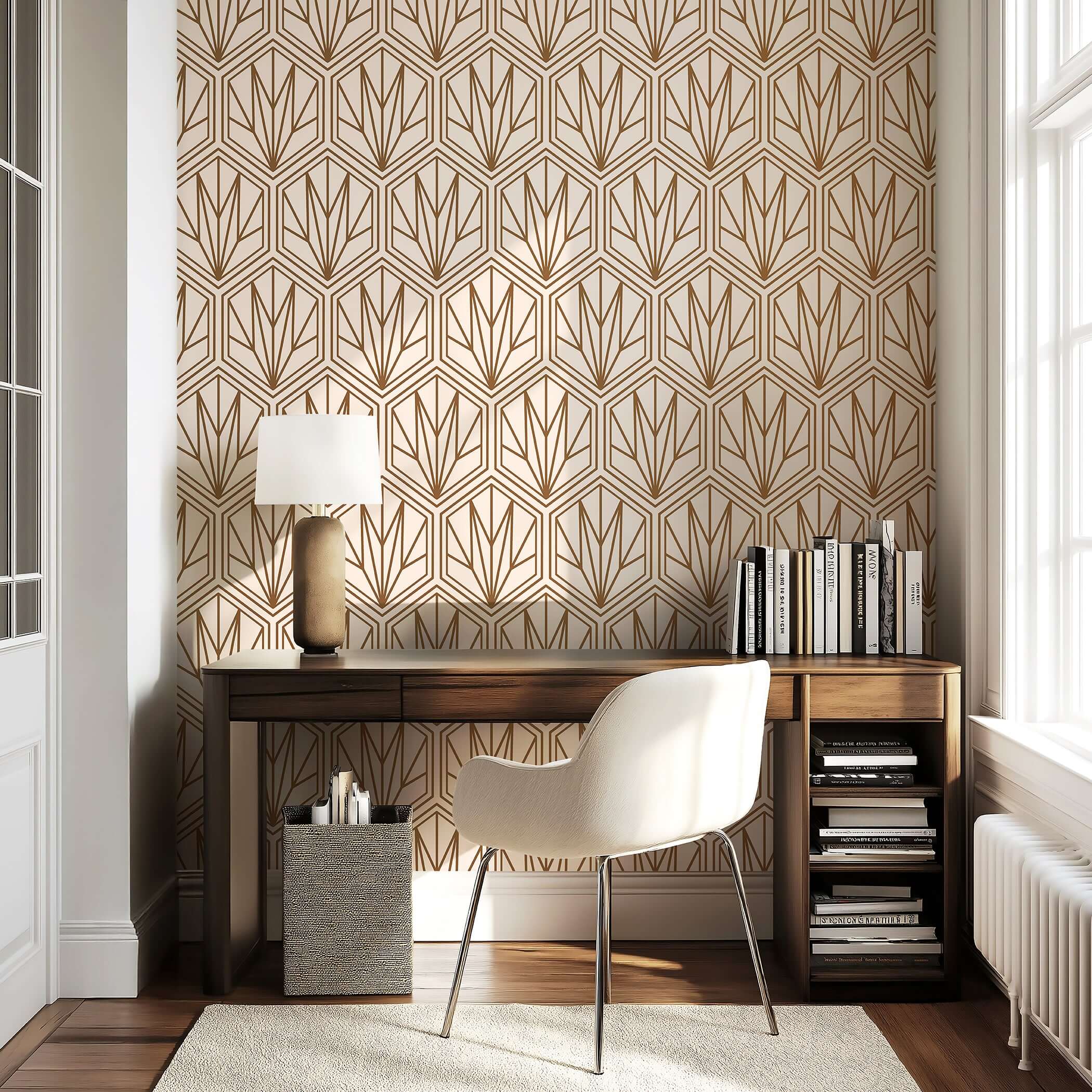 Art Deco wallpaper with bronze geometric hexagonal pattern on cream background, enhancing an elegant office space.