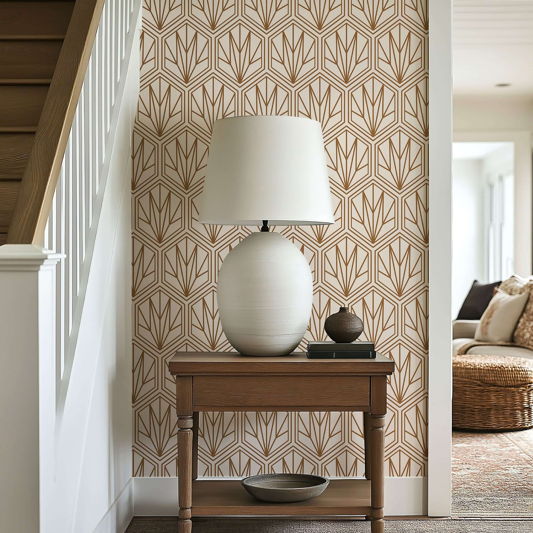 Bronzed Deco geometric Art Deco wallpaper with hexagonal bronze patterns in hallway setting.