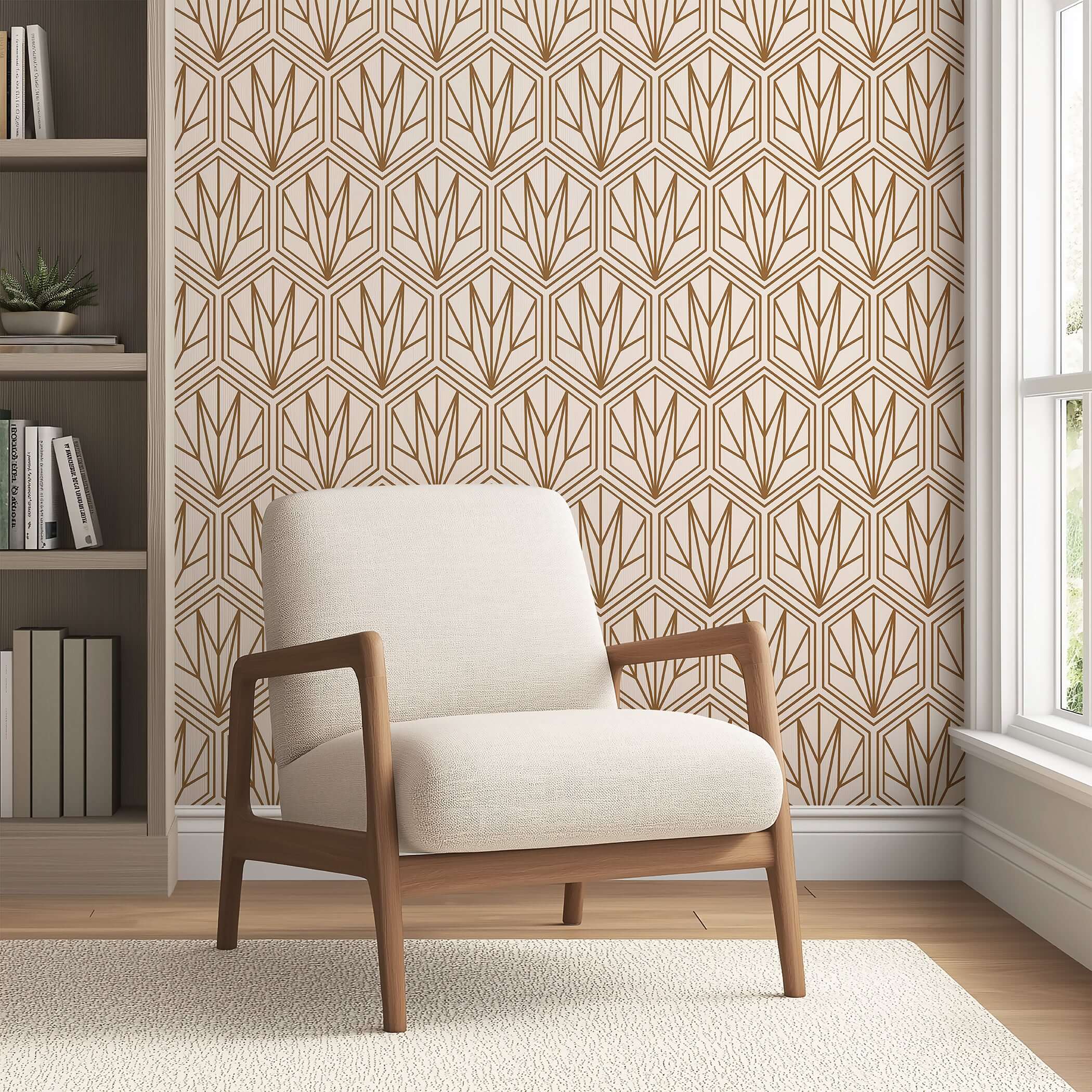 Art Deco geometric wallpaper with bronze hexagonal pattern and cream background in a cozy room with a modern chair.