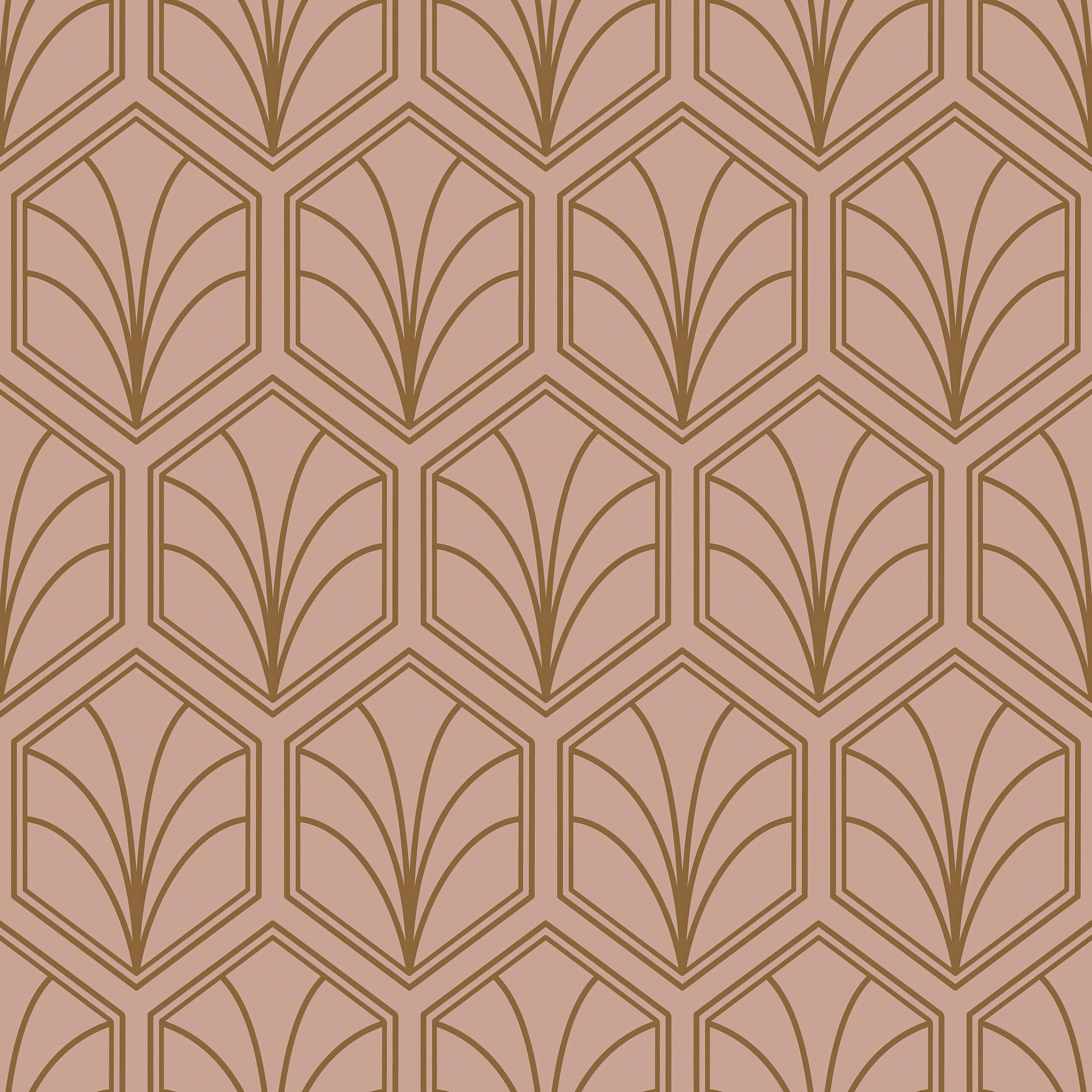 Geometric Art Deco wallpaper with bronze fan design on champagne-pink background, perfect for stylish living spaces. Keywords: art deco, geometric