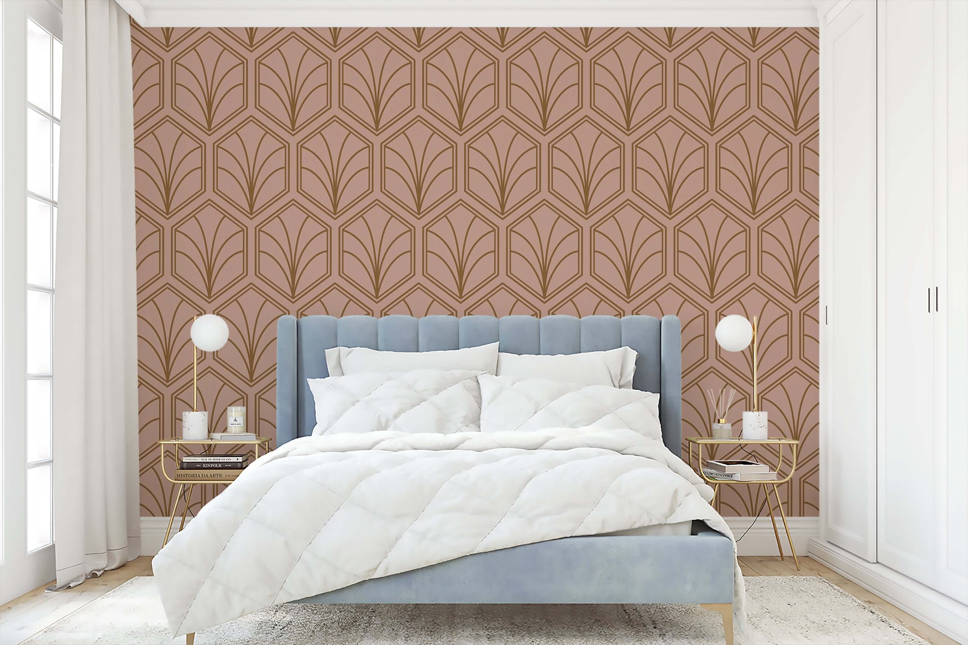 Bedroom with champagne deco wallpaper featuring geometric Art Deco fan design on a champagne-pink background with bronze accents.
