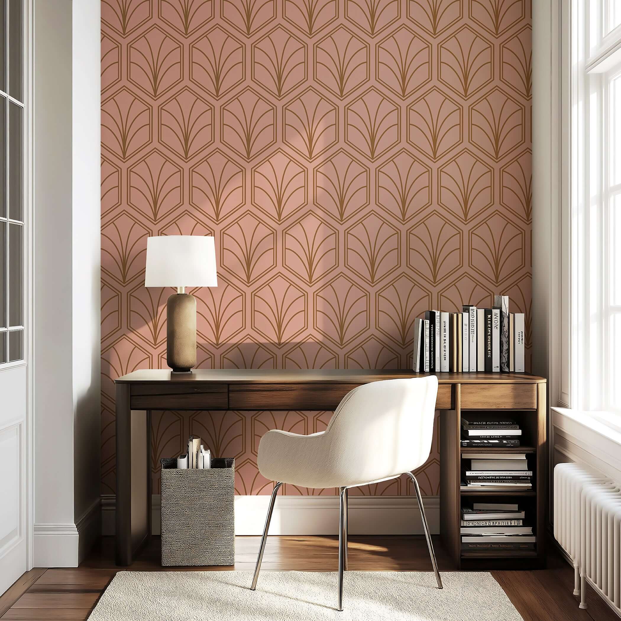 Art Deco geometric wallpaper with bronze fan design on champagne-pink background, ideal for stylish living or dining room decor.
