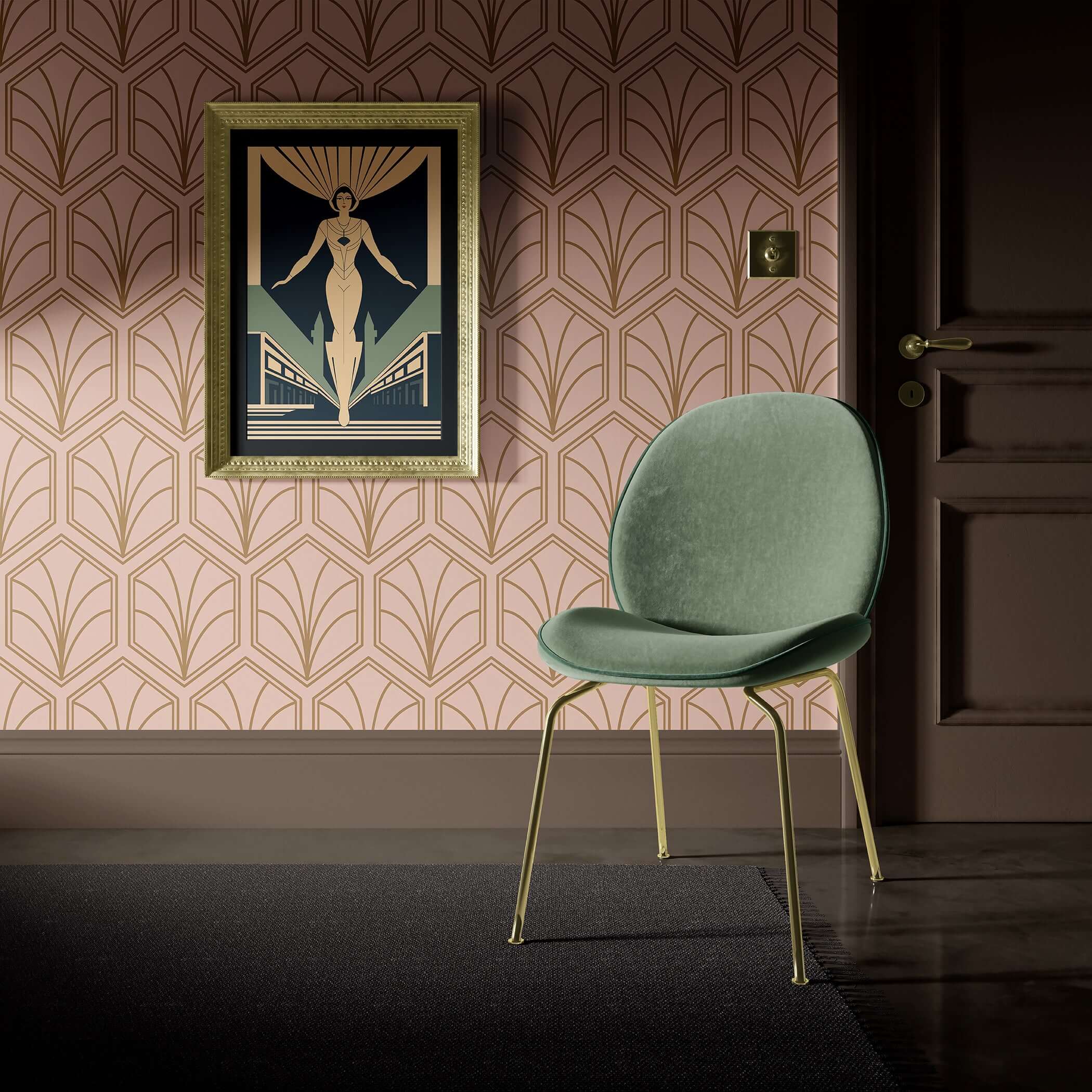 Art Deco geometric wallpaper in champagne pink and bronze with hexagonal fan design, featuring elegant decor for a sophisticated space.