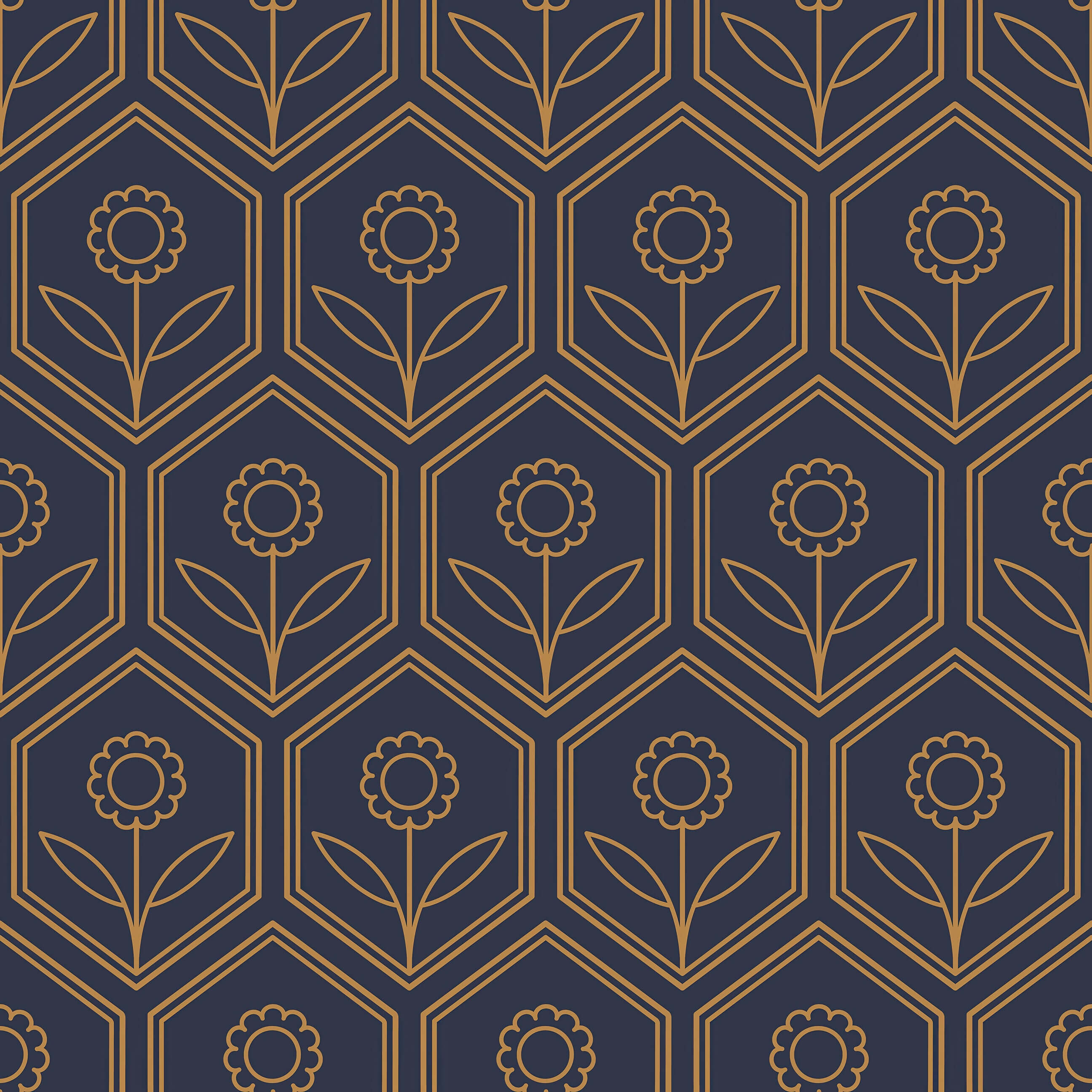 Golden Hex Blossoms wallpaper featuring art deco geometric design with golden floral patterns on a navy background, modern decor.