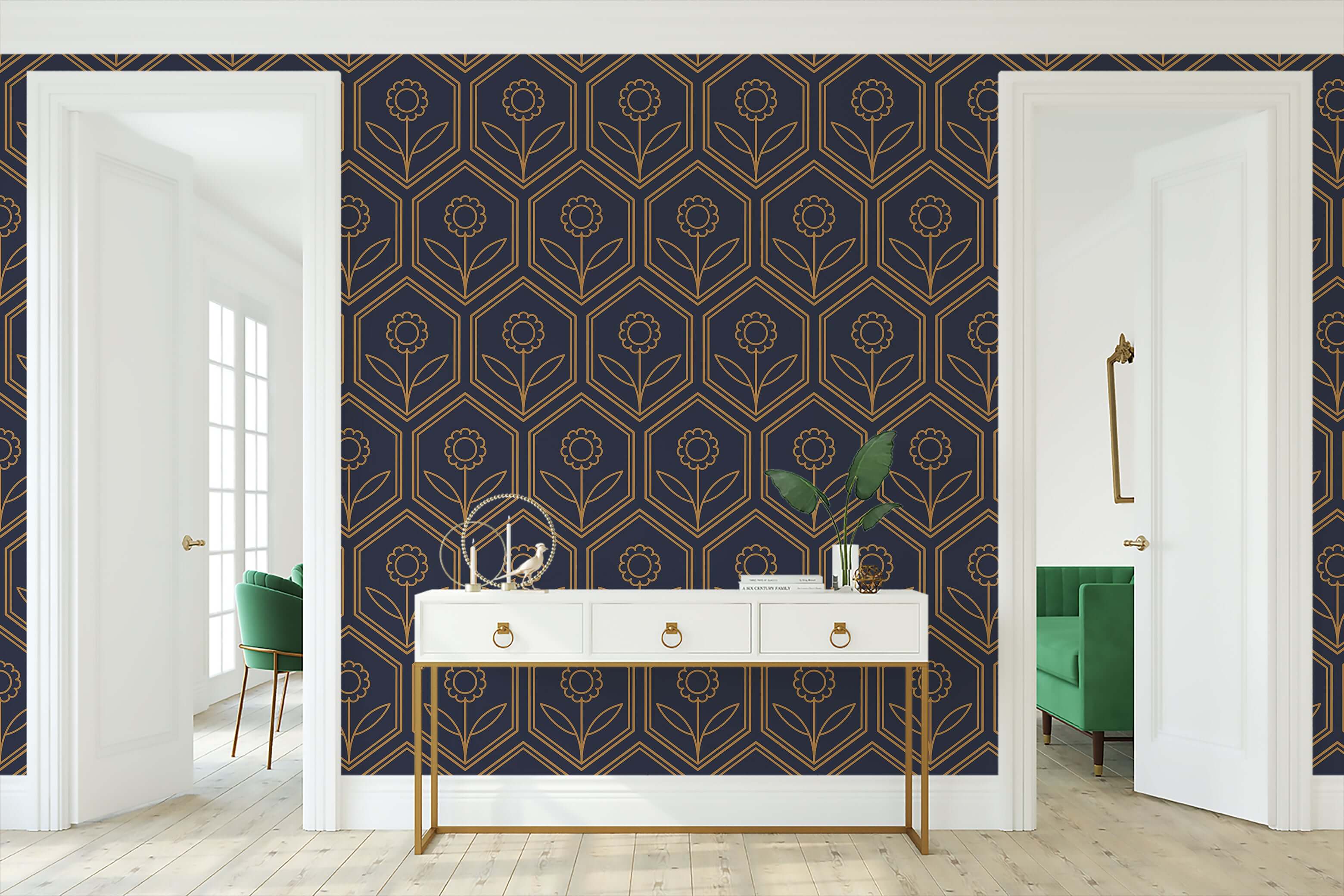 Elegant art deco floral wallpaper with geometric hexagon pattern, featuring golden blooms on navy background, perfect for modern decor.