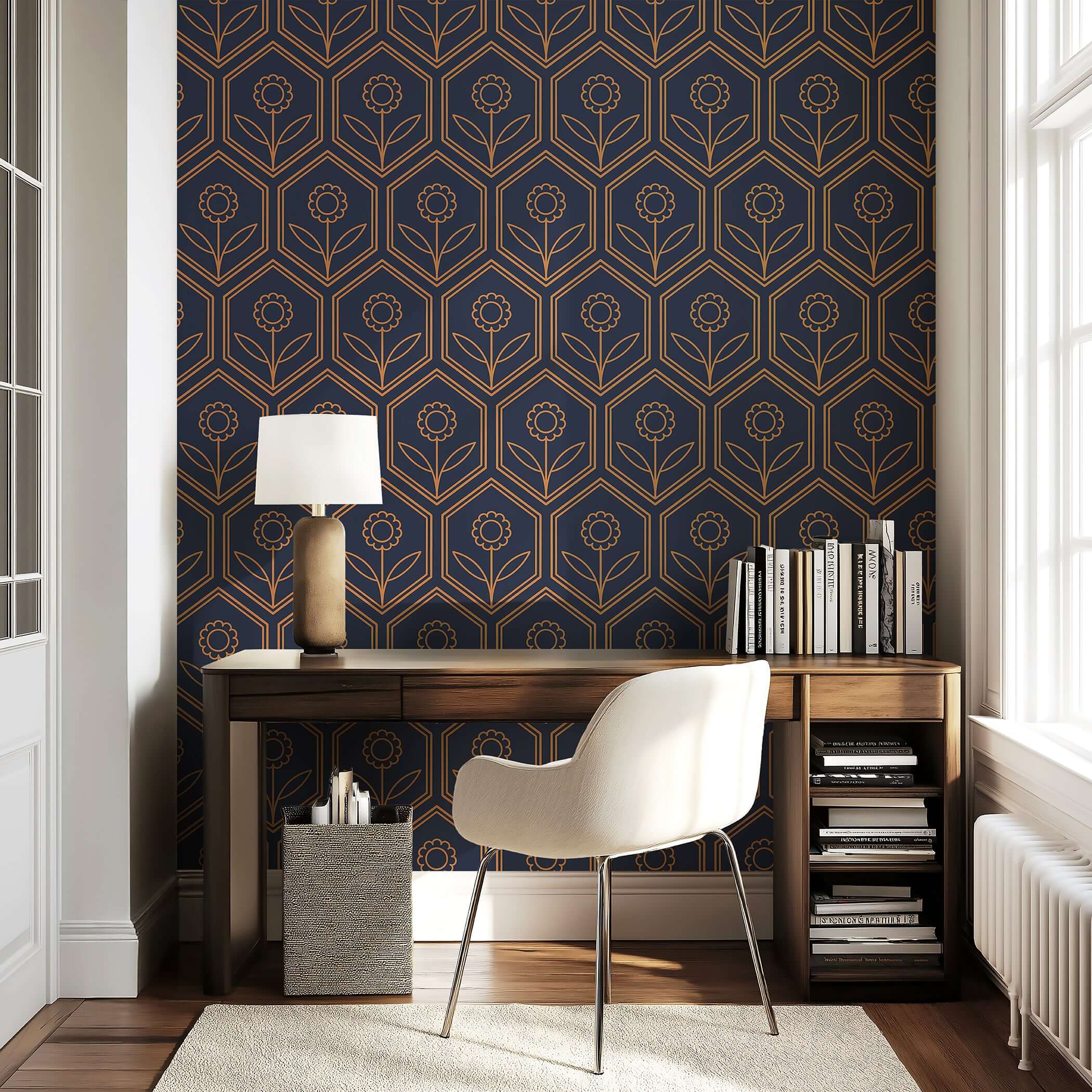 Golden Hex Blossoms wallpaper featuring art deco golden blossoms in geometric hexagons on a navy background, modern room decor
