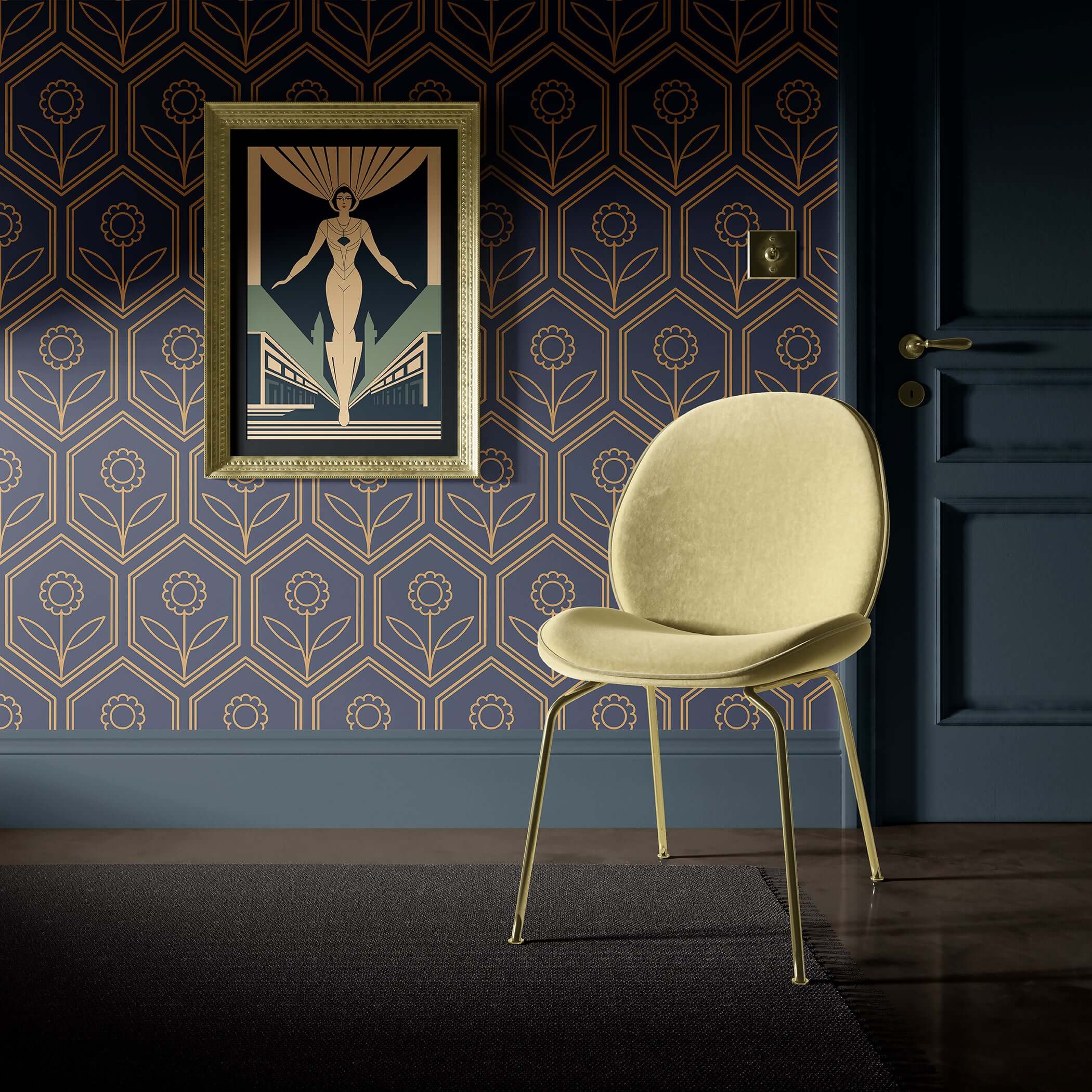 Art Deco geometric wallpaper with golden hex blossoms on navy, modern chair, and decorative wall art.
