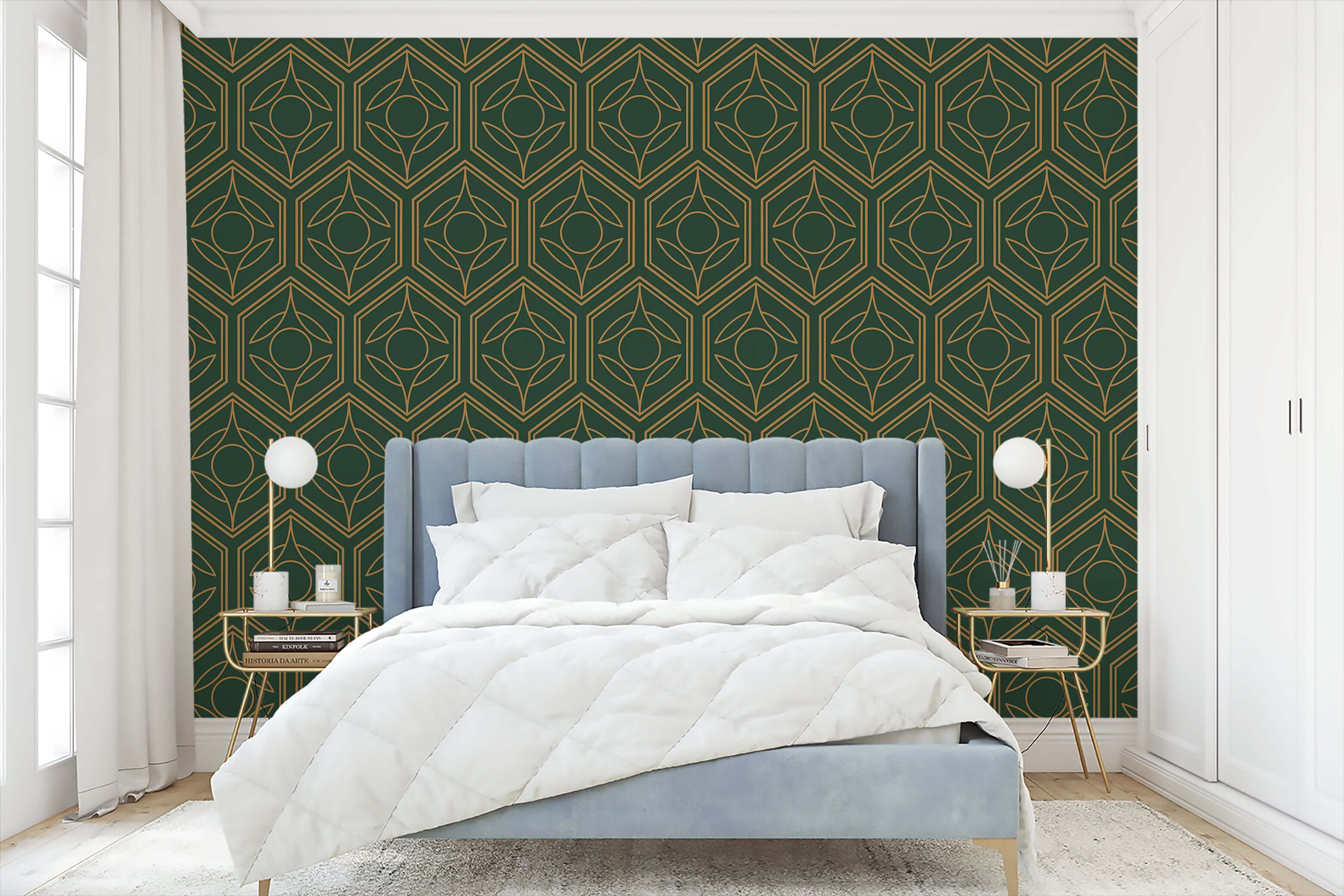 Alt Tag: Art Deco geometric wallpaper with gold botanical motifs on a deep green background in an elegant bedroom setting.