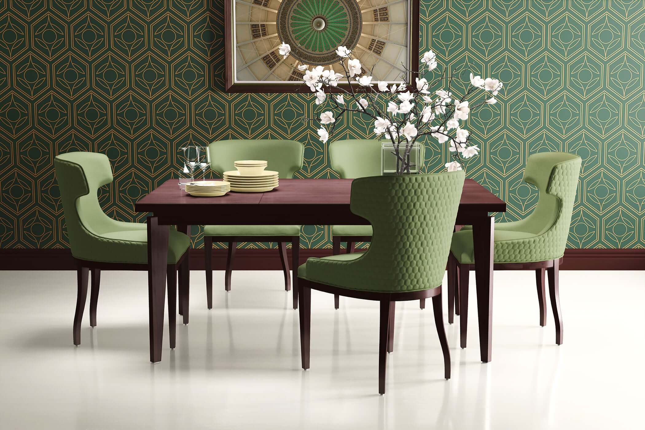 Dining room with Deco Botanic wallpaper featuring art deco geometric design, modern green chairs, and floral centerpiece.