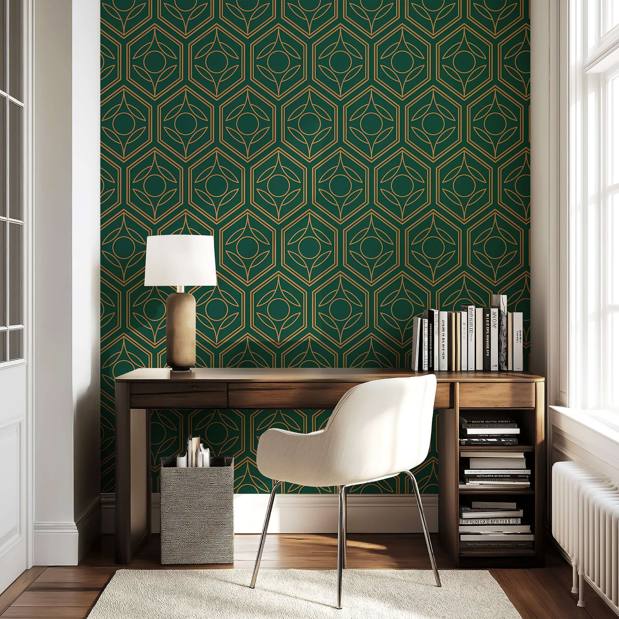 Green and gold Deco Botanic wallpaper with geometric Art Deco patterns, enhancing a modern study room with elegant flair.