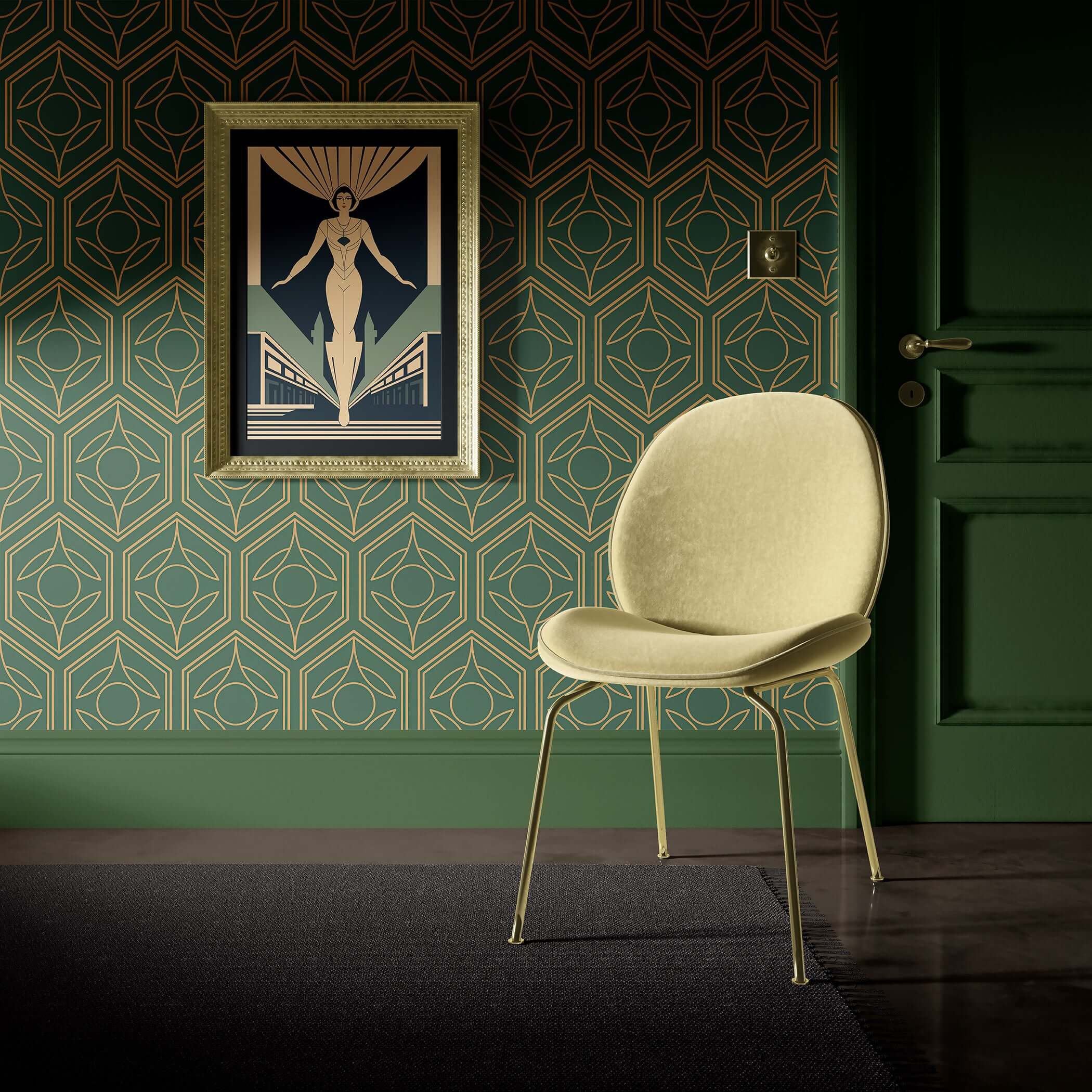 Luxurious Art Deco wallpaper with golden geometric botanical motifs on a green background, elevating modern interior design.