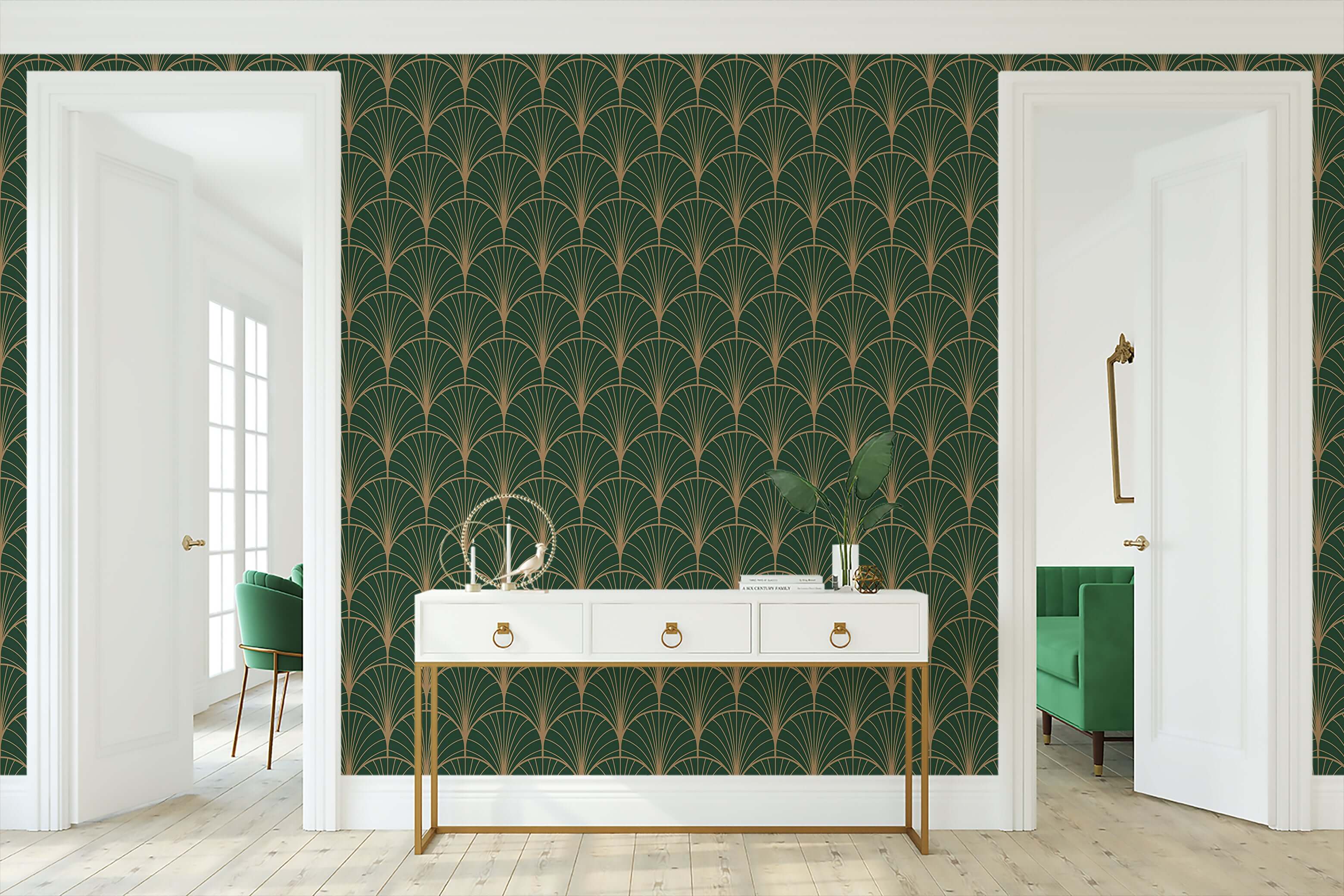 Art Deco geometric wallpaper in emerald green with gold fan pattern, ideal for adding Manhattan glamour to any room.