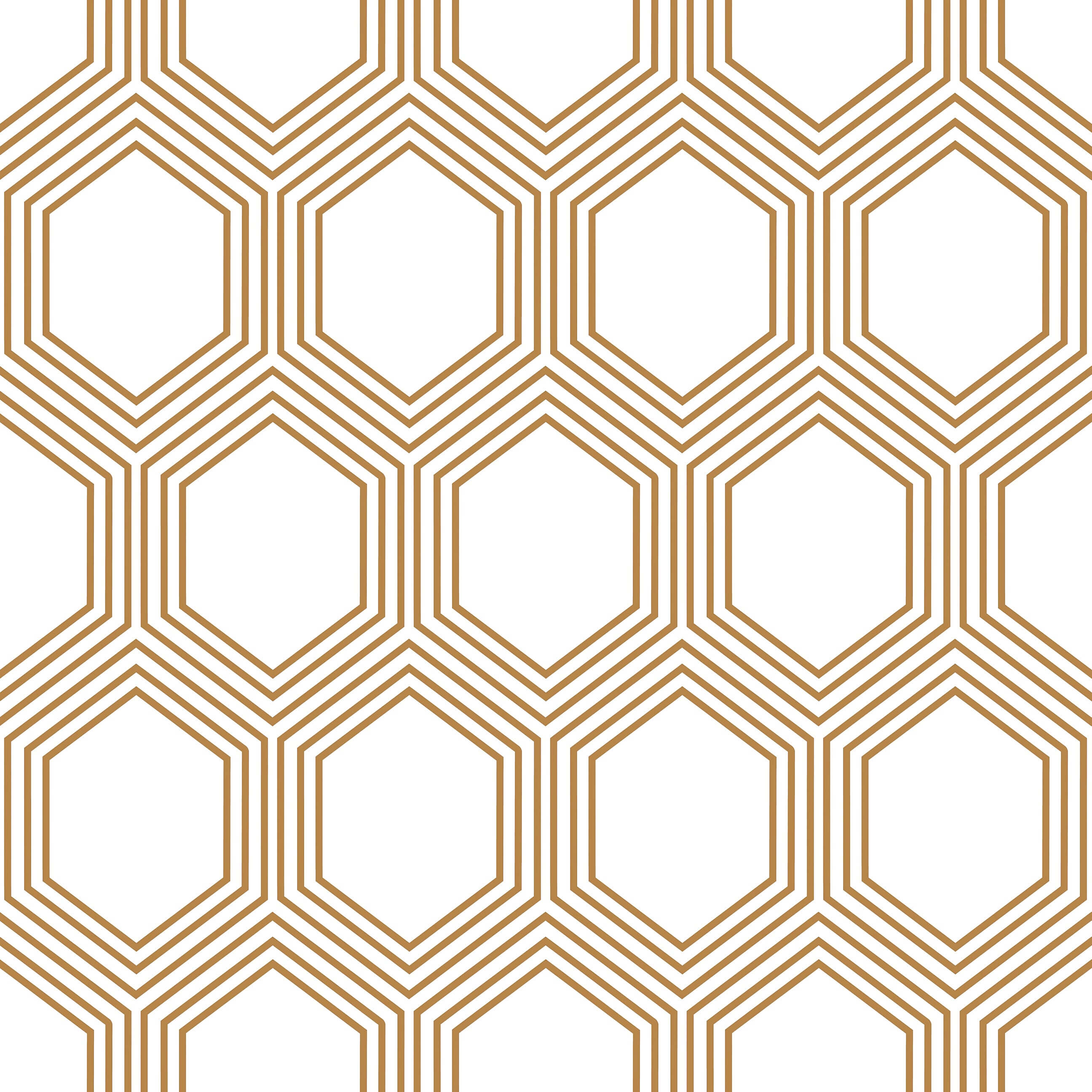 Art Deco geometric wallpaper with bronze hexagons on white background, blending vintage elegance with modern style.