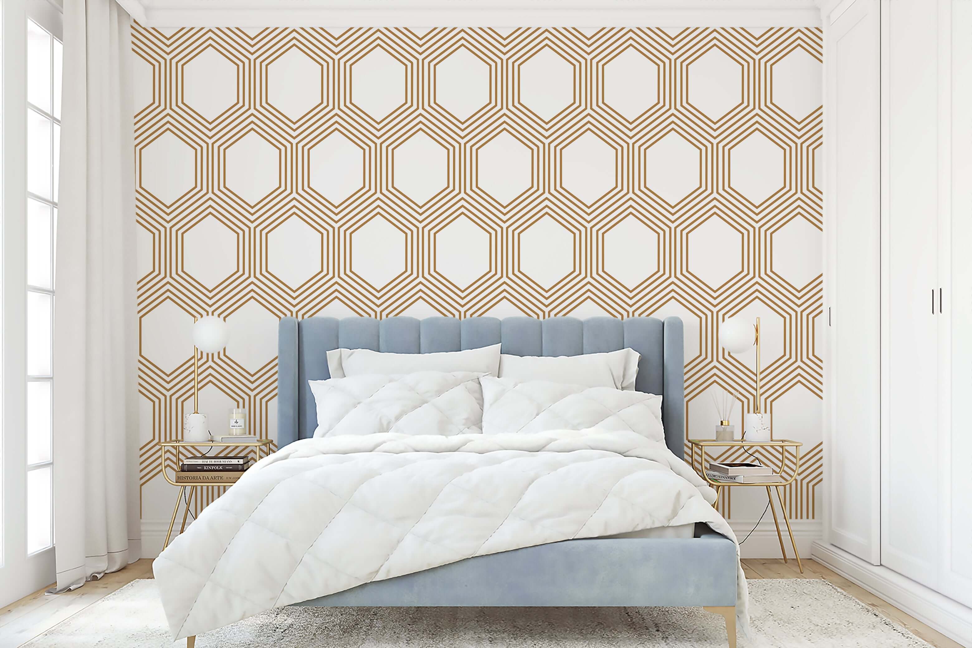 Art Deco geometric modern wallpaper with bronze hexagons on white in a bedroom setting, Vintage Vault style.
