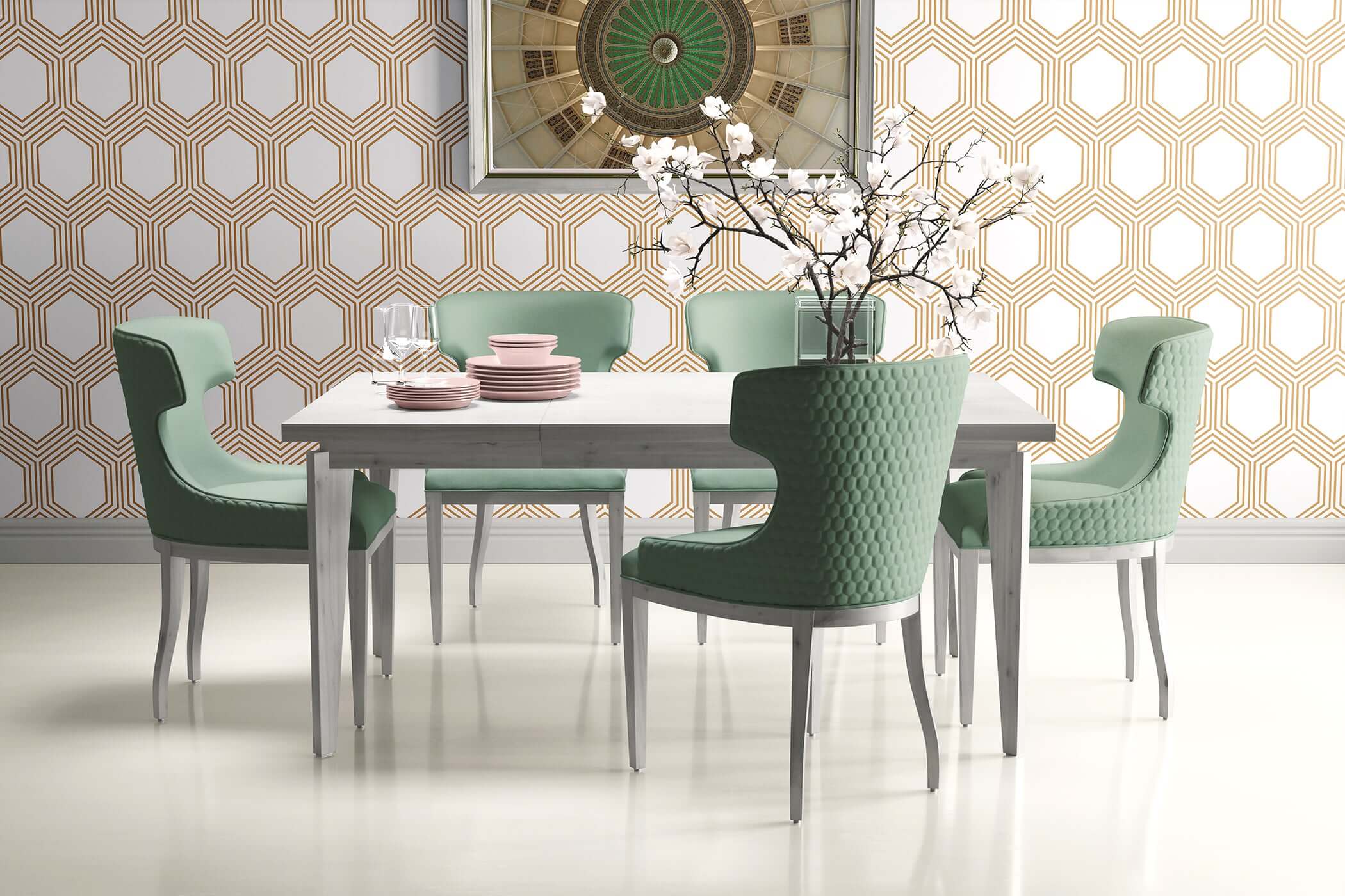Art Deco geometric wallpaper with bronze hexagons adds modern elegance to a dining room featuring chic green chairs and a white table.