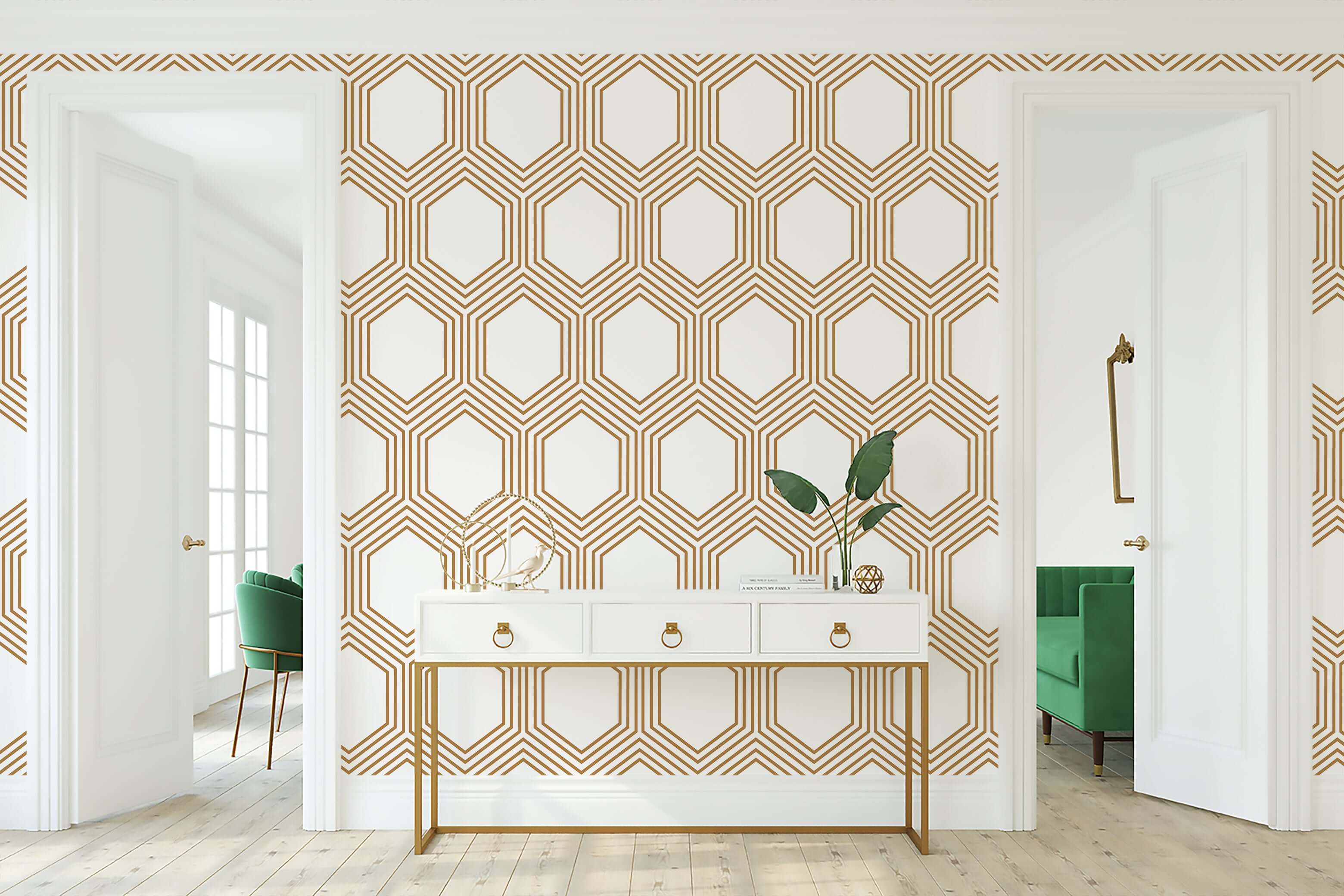Art Deco geometric wallpaper with bronze hexagons on white, perfect for modern living rooms and chic offices.
