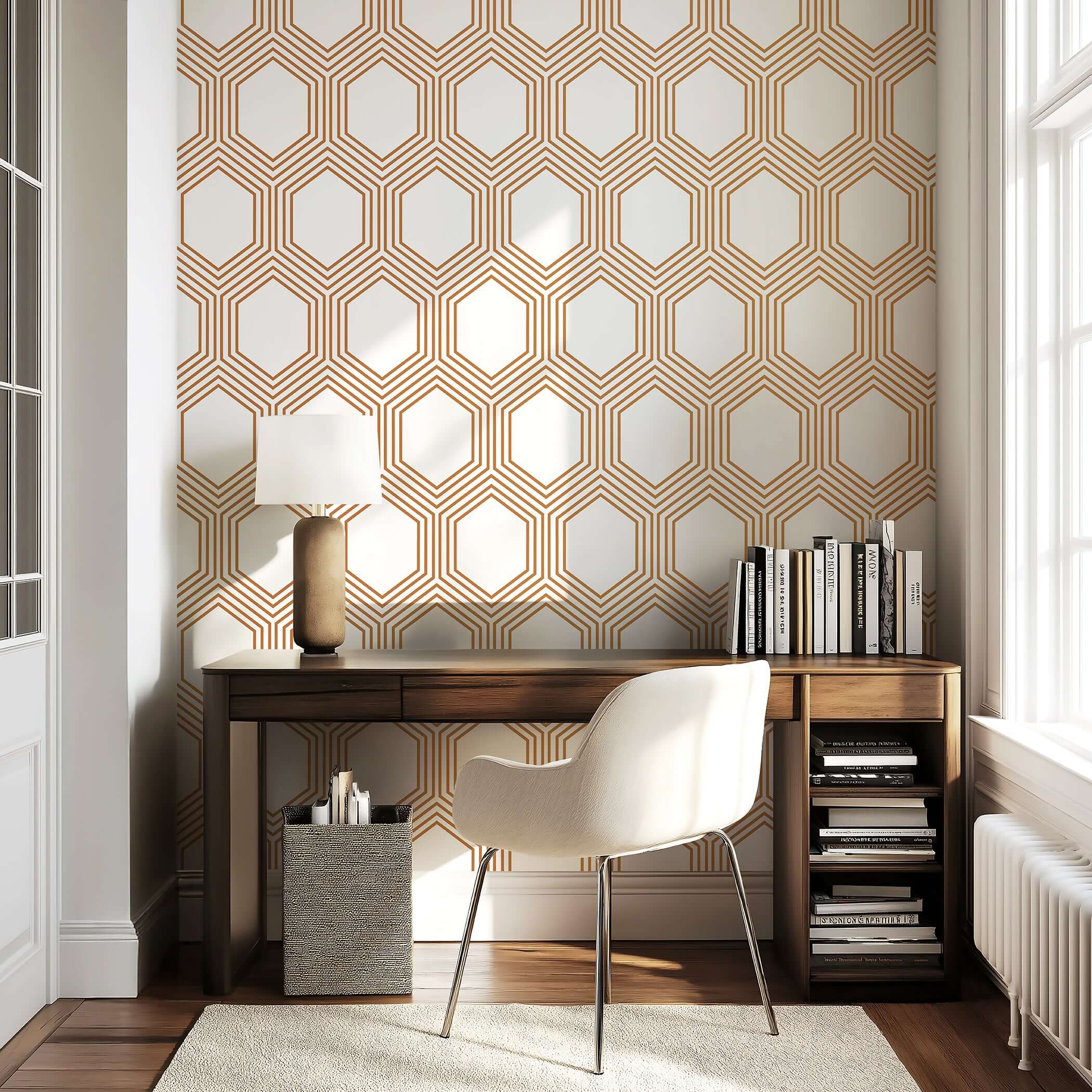 Art Deco geometric wallpaper with bronze hexagons on white background, enhancing modern living room or office elegance.