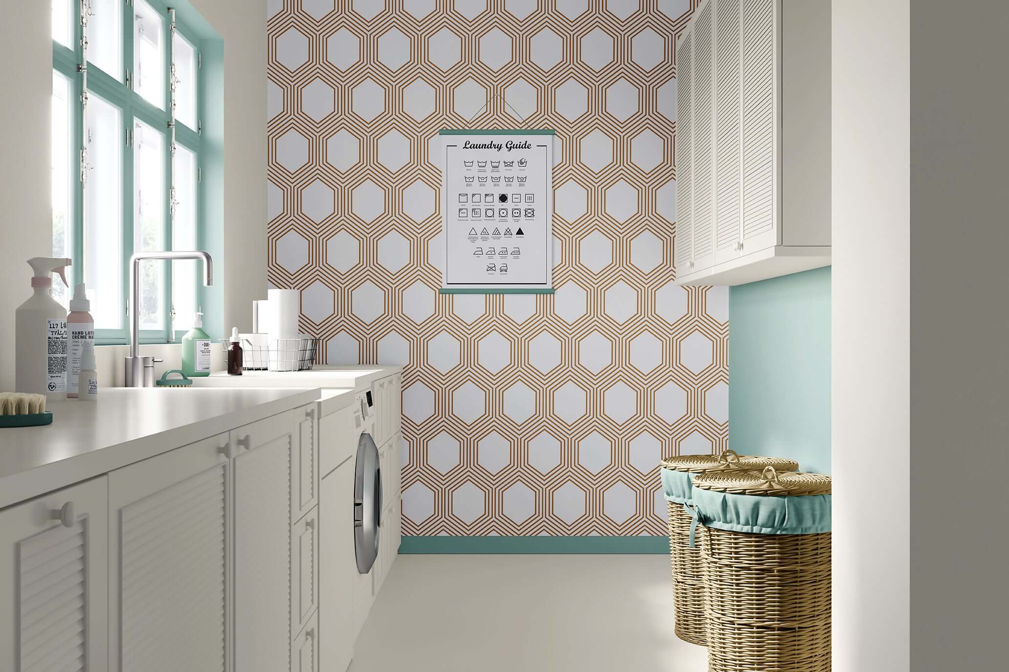 Art Deco geometric wallpaper with bronze hexagons on white background, enhancing modern laundry room decor.