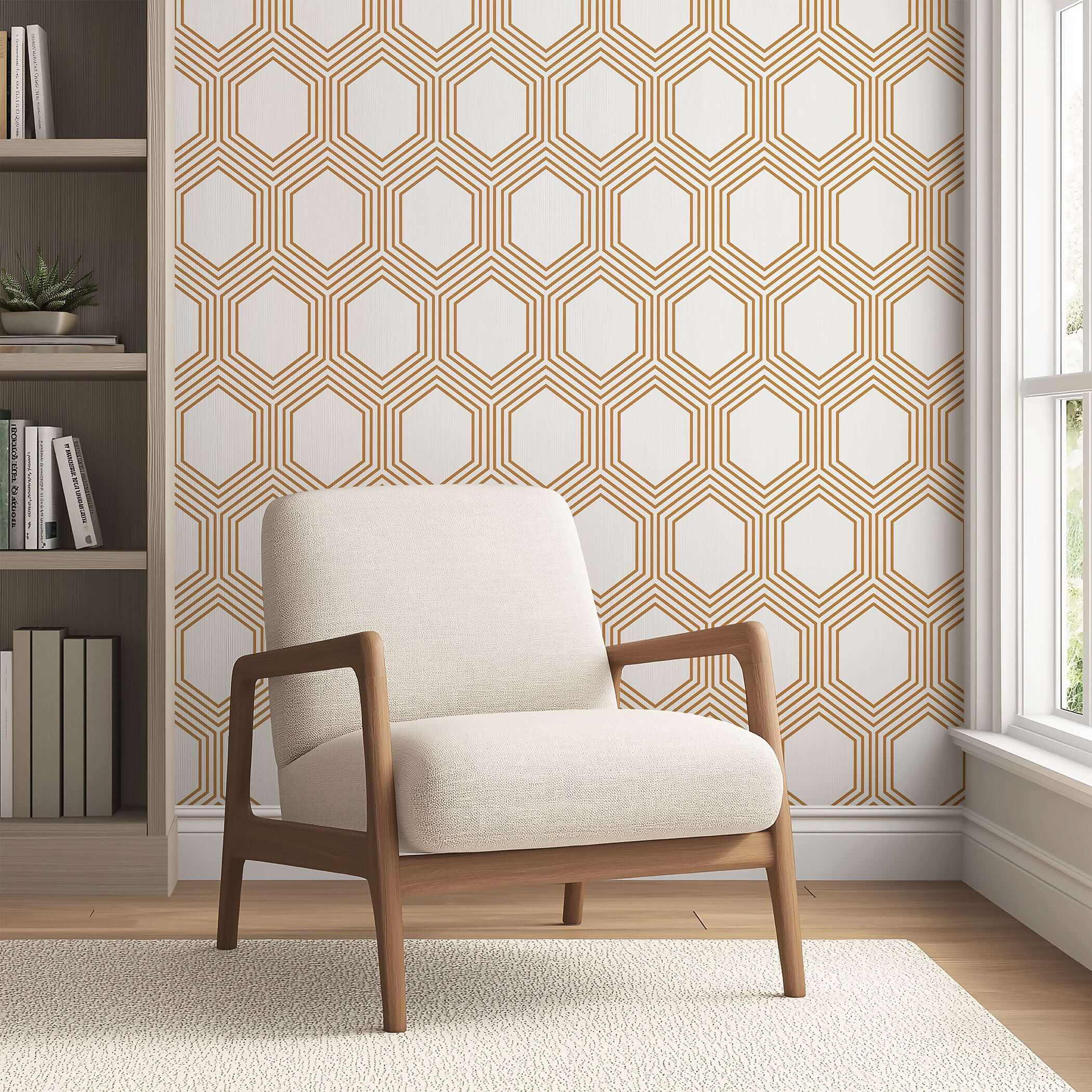 Art Deco geometric wallpaper with bronze hexagons on white background, complementing a modern living room with a beige armchair.